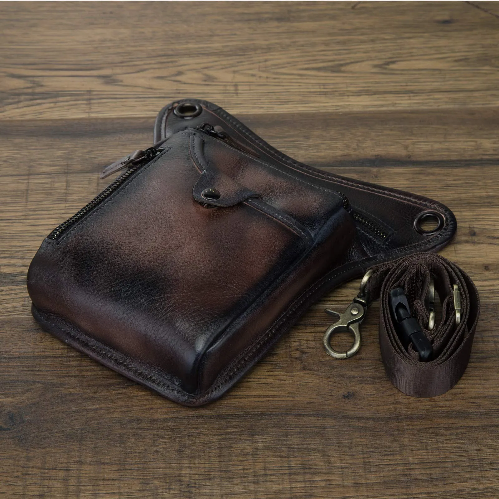 Le'aokuu Marsupio in Vera Pelle per Moto Borsa a Tracolla per Gamba 211-5 - Caffè - immagine 5