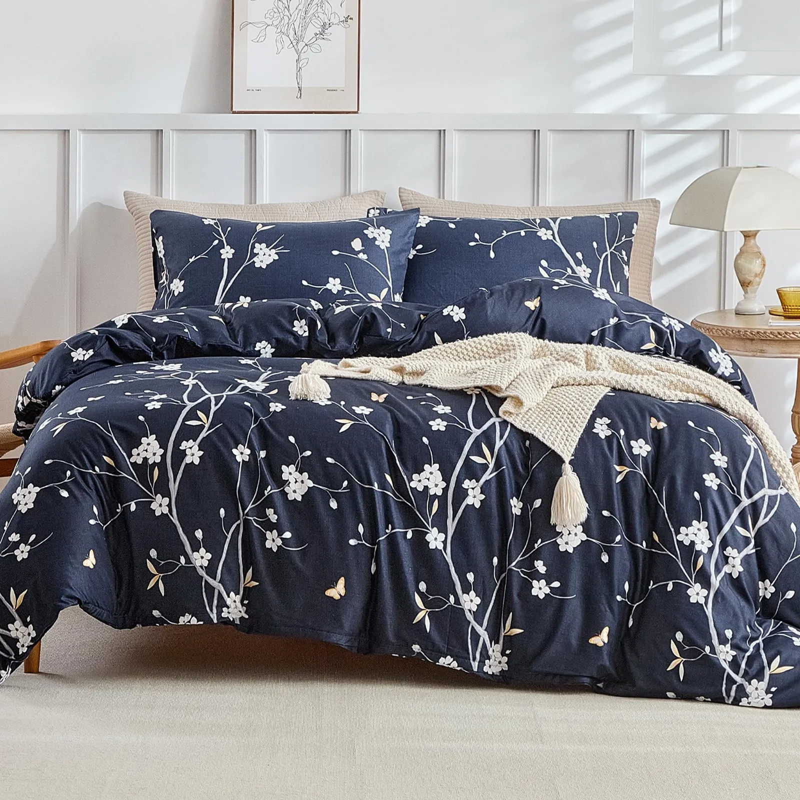 Tokokimo Set Copripiumino Matrimoniale 3 Pezzi in Microfibra, 240x220cm, Motivo Ramoscelli e Foglie, Blu - immagine 1