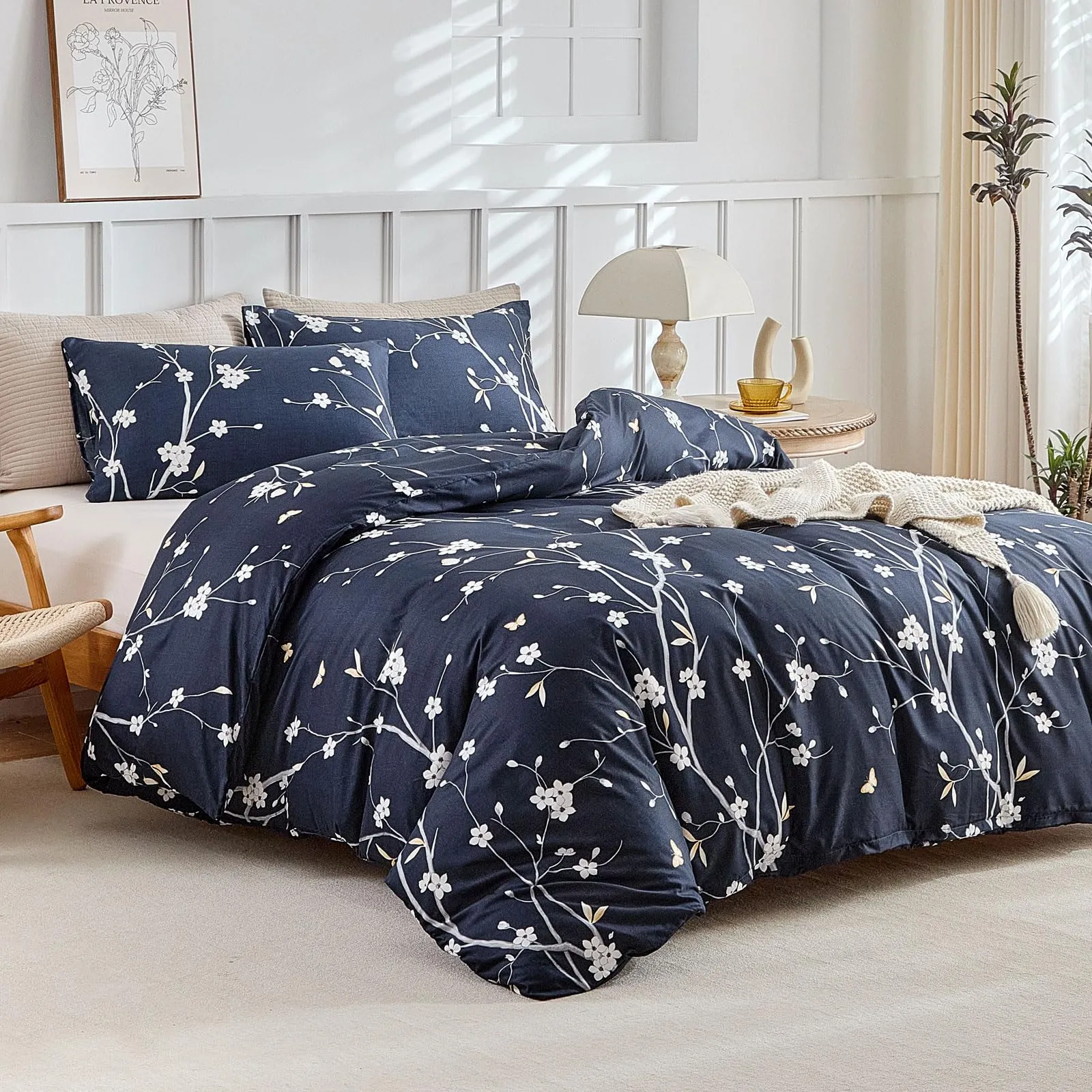 Tokokimo Set Copripiumino Matrimoniale 3 Pezzi in Microfibra, 240x220cm, Motivo Ramoscelli e Foglie, Blu - immagine 2