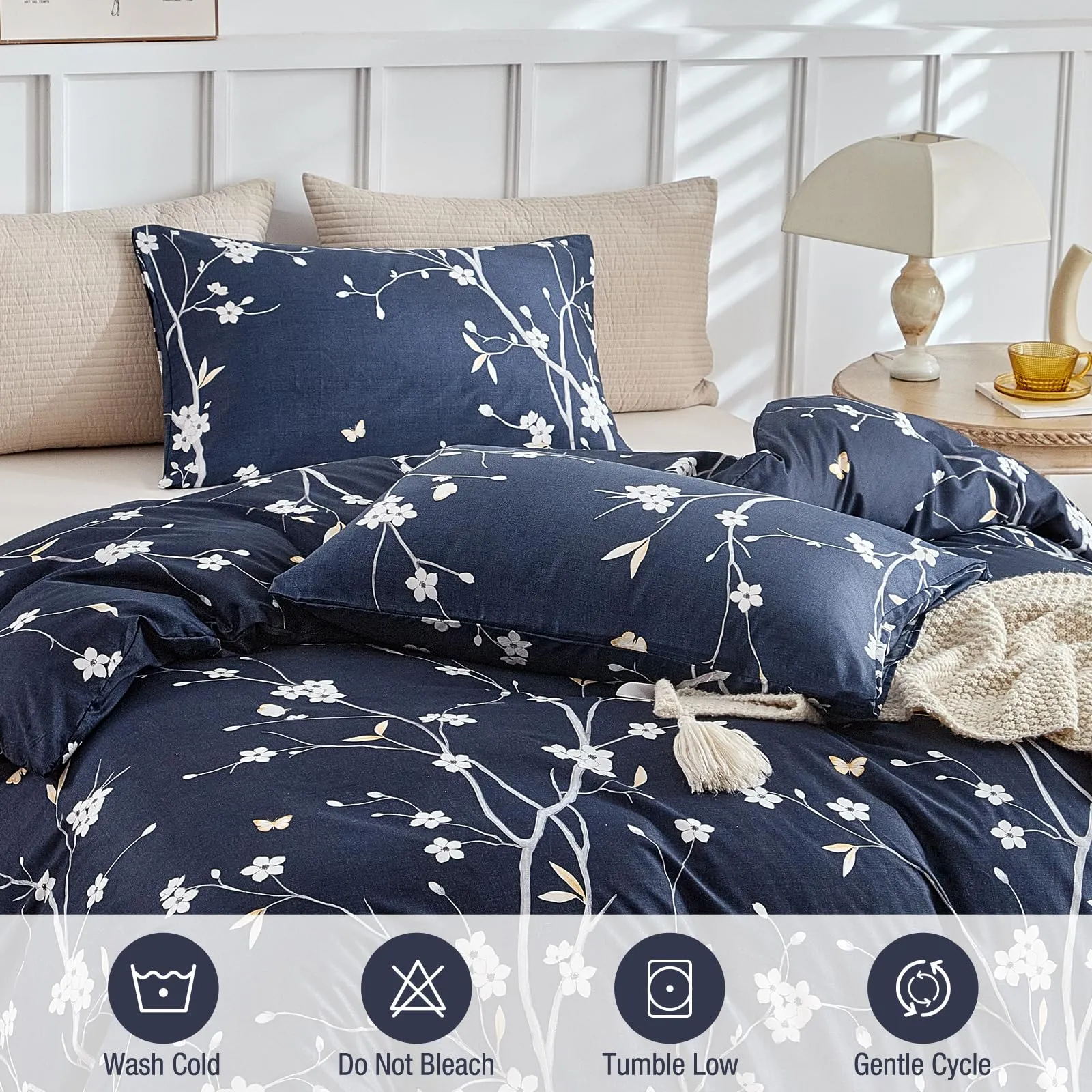 Tokokimo Set Copripiumino Matrimoniale 3 Pezzi in Microfibra, 240x220cm, Motivo Ramoscelli e Foglie, Blu - immagine 3