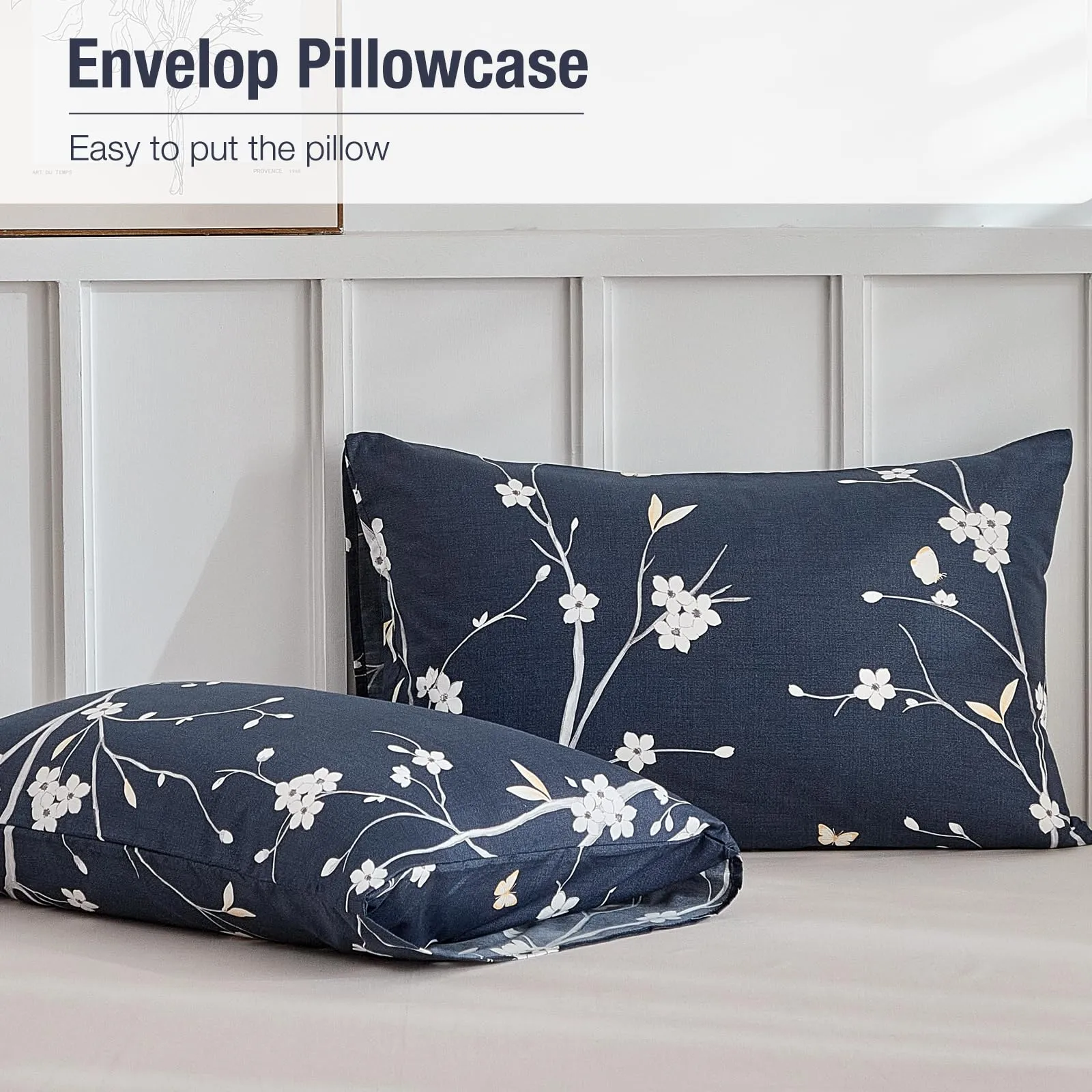Tokokimo Set Copripiumino Matrimoniale 3 Pezzi in Microfibra, 240x220cm, Motivo Ramoscelli e Foglie, Blu - immagine 6