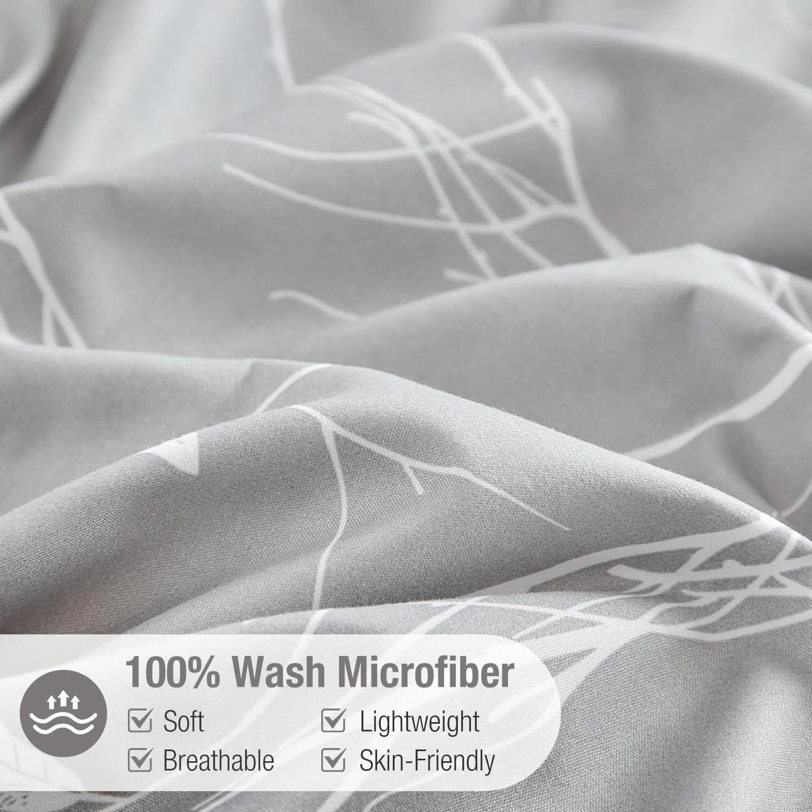 Tokokimo Set Copripiumino Matrimoniale 3 Pezzi in Microfibra, 240x220cm, Motivo Ramoscelli e Foglie, Grigio/Bianco - immagine 4
