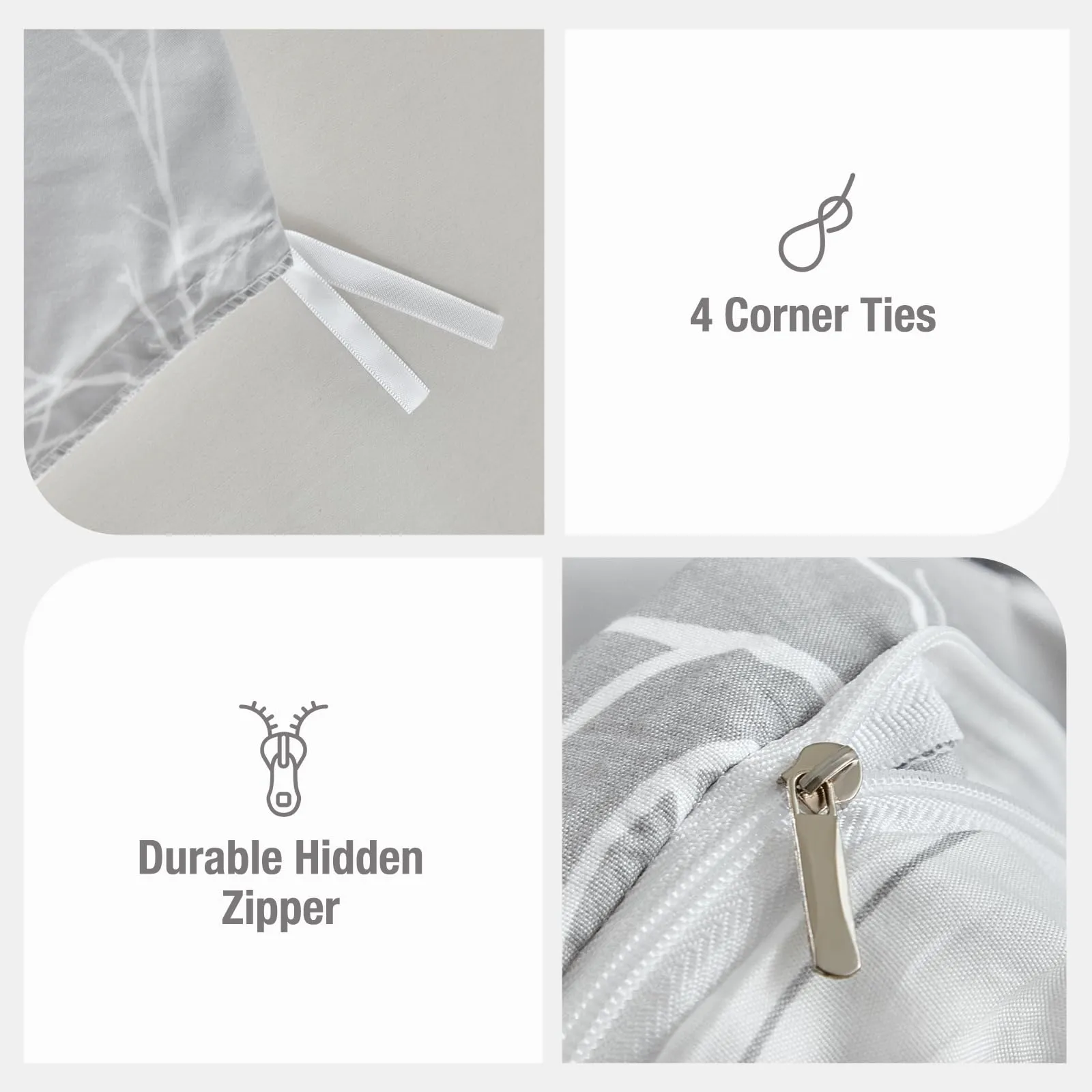 Tokokimo Set Copripiumino Matrimoniale 3 Pezzi in Microfibra, 240x220cm, Motivo Ramoscelli e Foglie, Grigio/Bianco - immagine 5