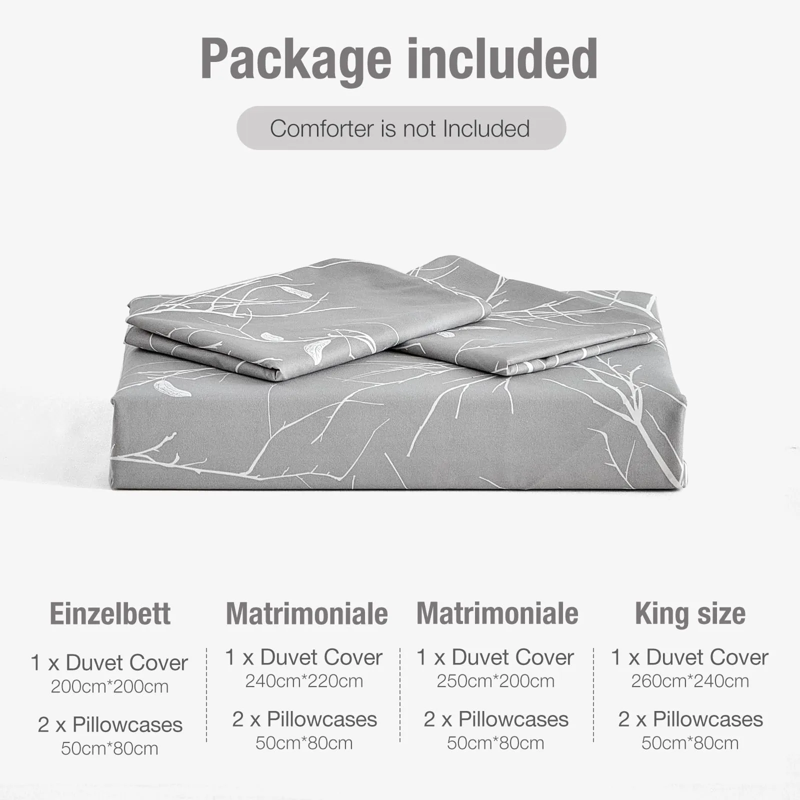 Tokokimo Set Copripiumino Matrimoniale 3 Pezzi in Microfibra, 240x220cm, Motivo Ramoscelli e Foglie, Grigio/Bianco - immagine 9