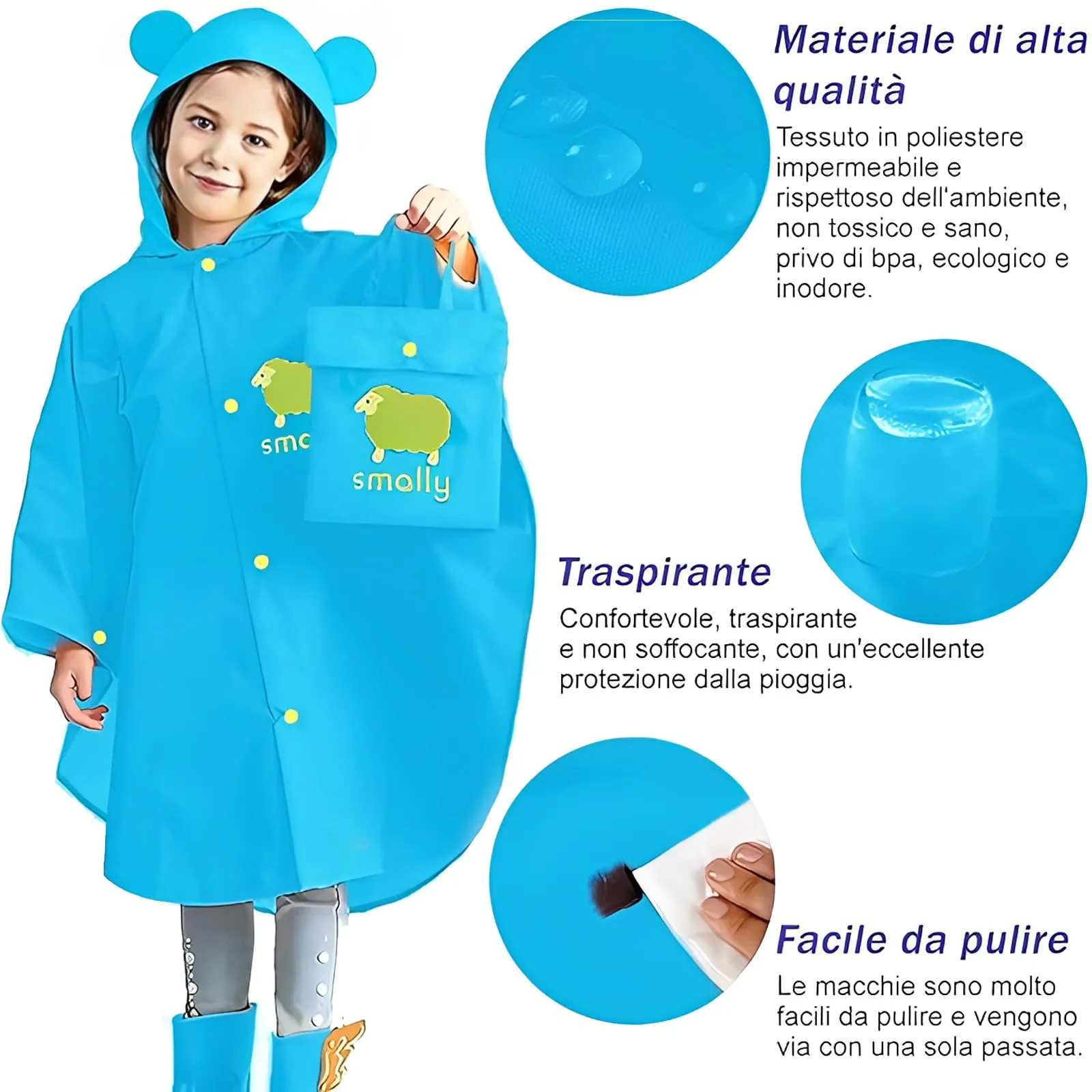 LATRAT Mantella Antipioggia per Bambino Impermeabile con Cappuccio, Blu, L - immagine 4