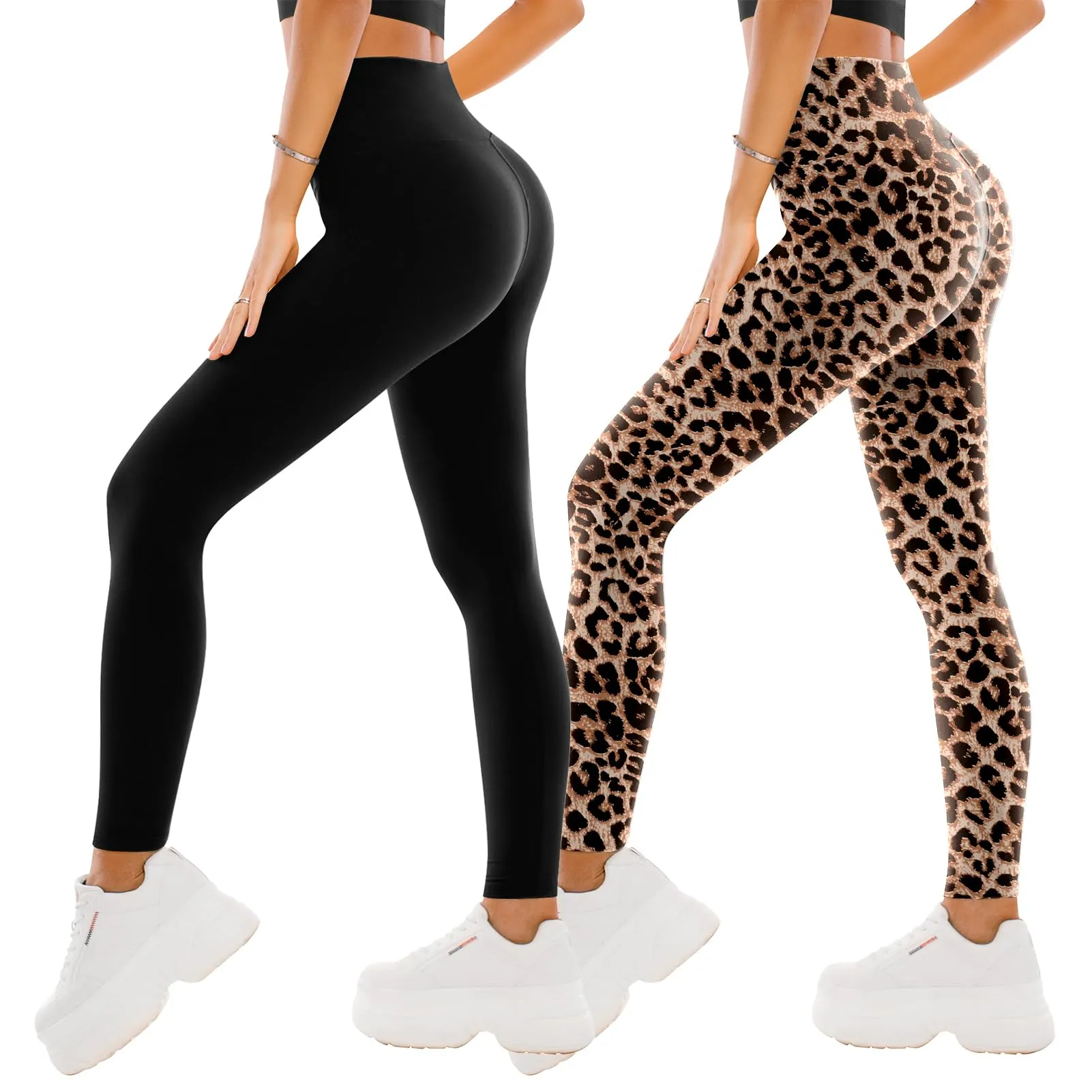 SINOPHANT Leggins Sportivi Donna a Vita Alta, L-XL, Nero/Leopardo, 2 Confezioni - immagine 1