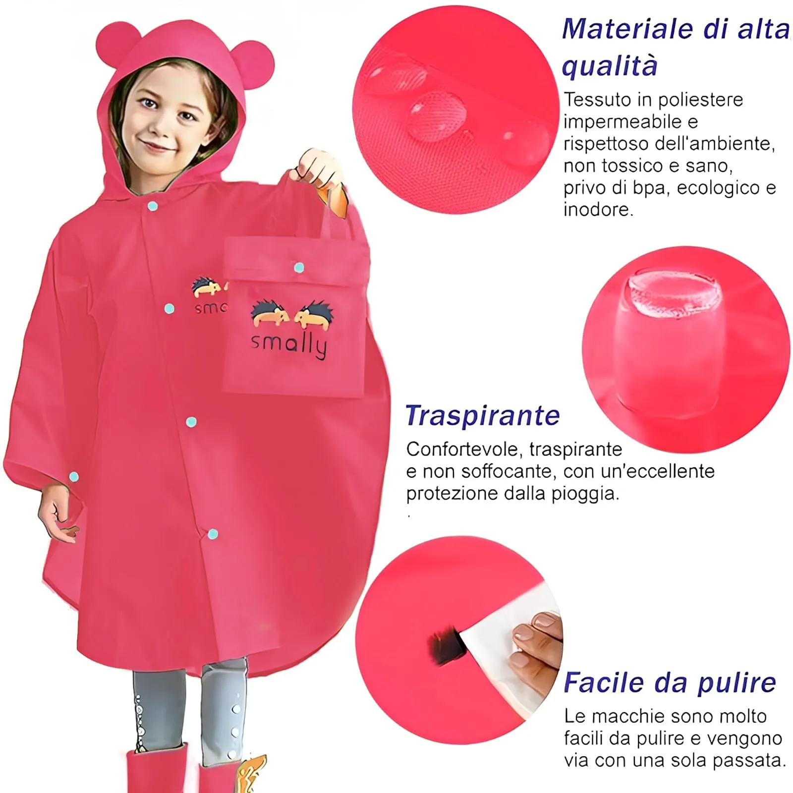 LATRAT Mantella Antipioggia per Bambini con Cappuccio, Rosa, L - immagine 4