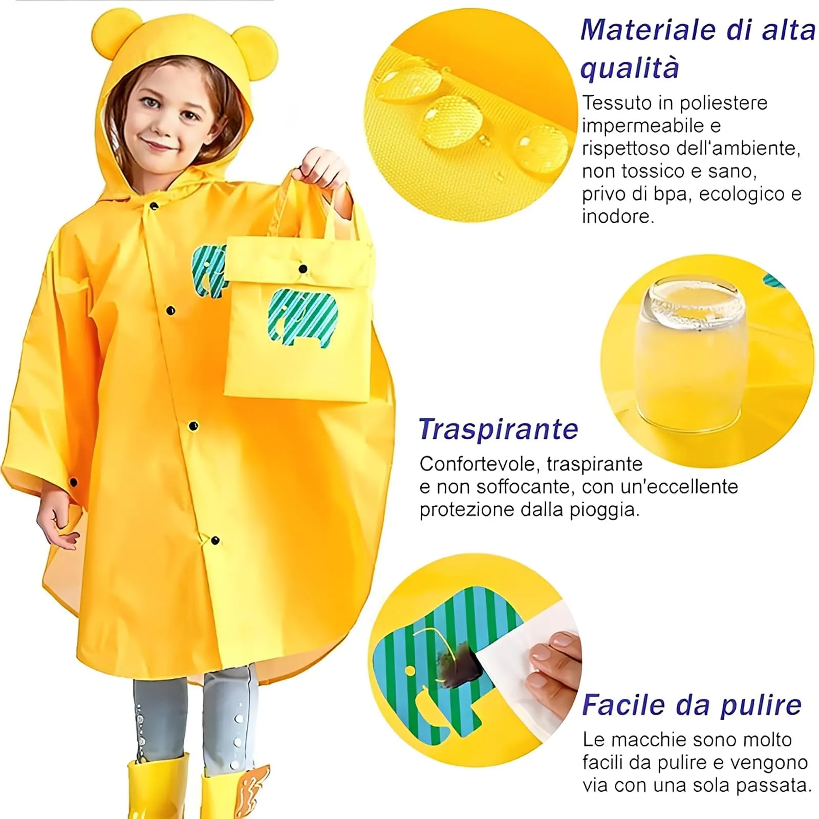LATRAT Mantella Antipioggia per Bambino, Impermeabile e Traspirante con Cappuccio, L, Giallo - immagine 4