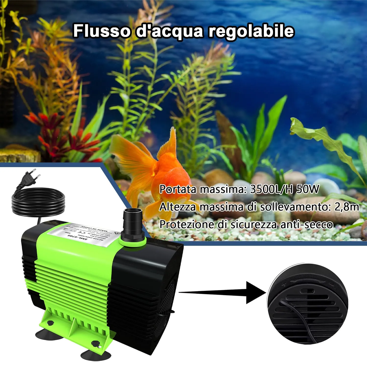 Lnicez Pompa Acqua Sommersa 50W 3500L/H, Altezza 2,8m con 5 Ugelli per Fontane e Acquari - immagine 2