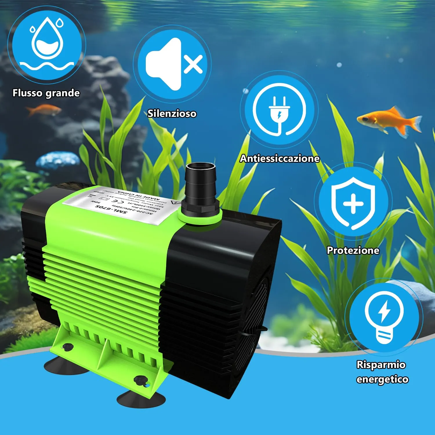 Lnicez Pompa Acqua Sommersa 50W 3500L/H, Altezza 2,8m con 5 Ugelli per Fontane e Acquari - immagine 4