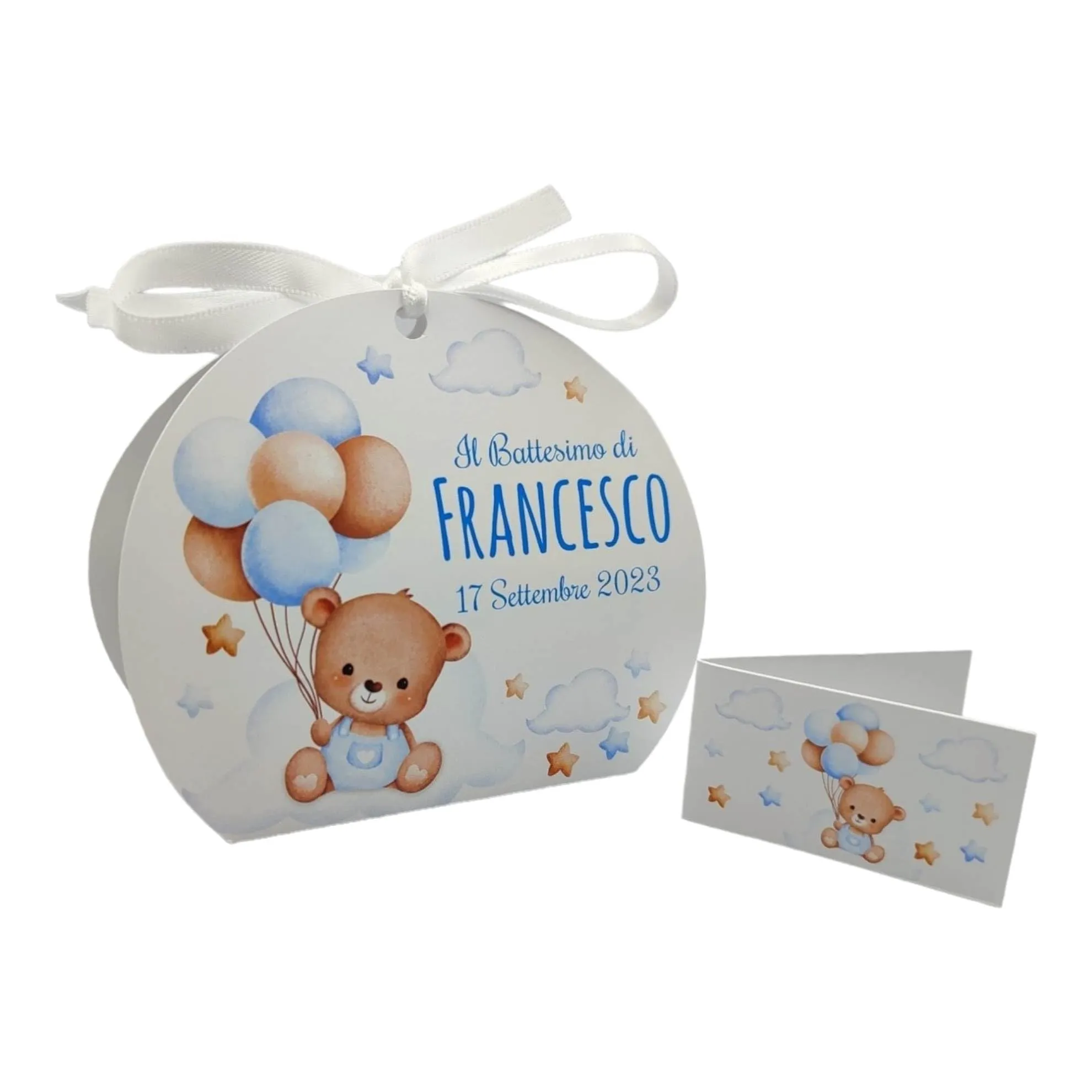PV Grafik 24 Bomboniere Battesimo e Nascita Maschio Orsetto e Palloncini, Scatoline Porta Confetti Personalizzate con Bigliettini e Nastrini (Tunna14) - immagine 1