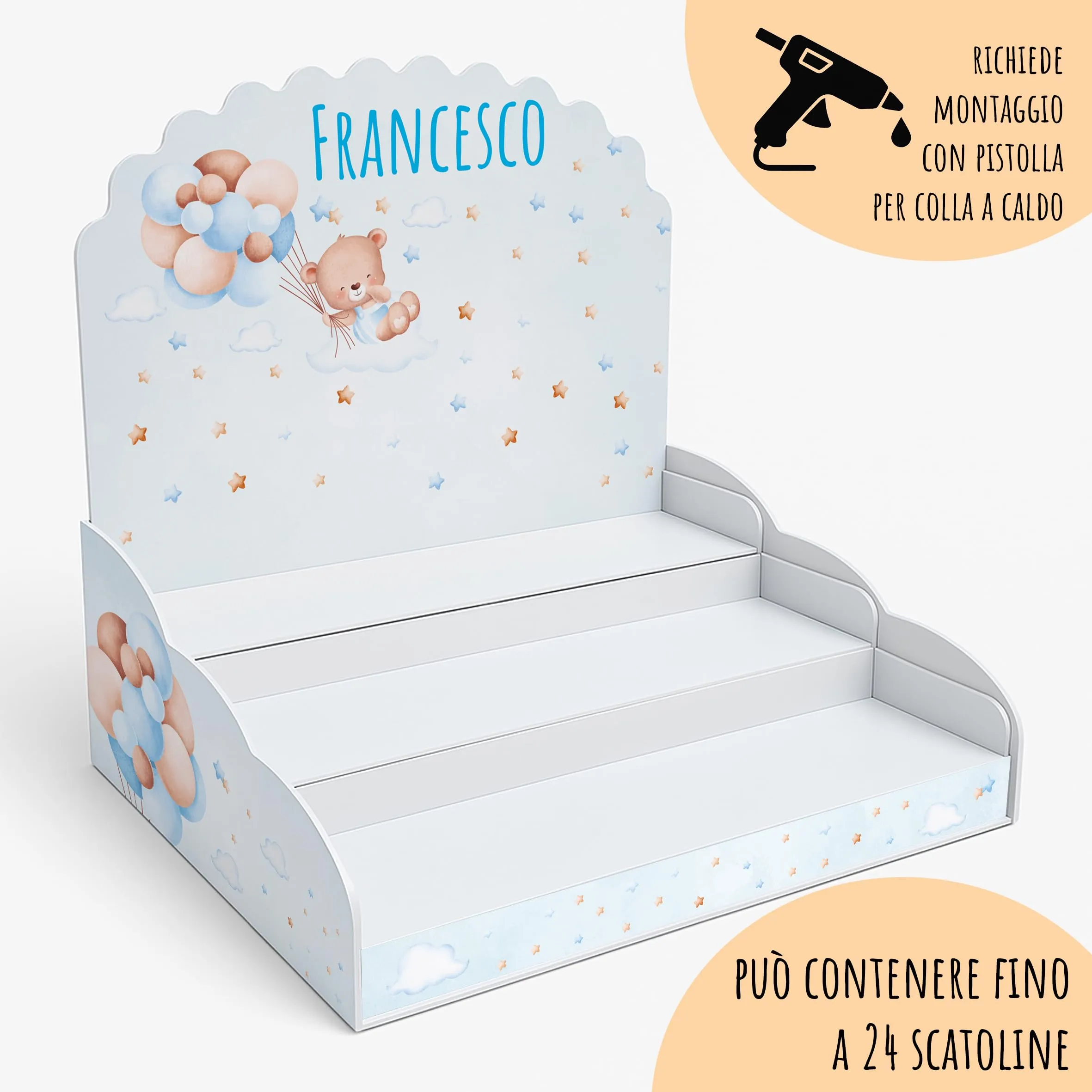 PV Grafik 24 Bomboniere Battesimo e Nascita Maschio Orsetto e Palloncini, Scatoline Porta Confetti Personalizzate con Bigliettini e Nastrini (Tunna14) - immagine 3