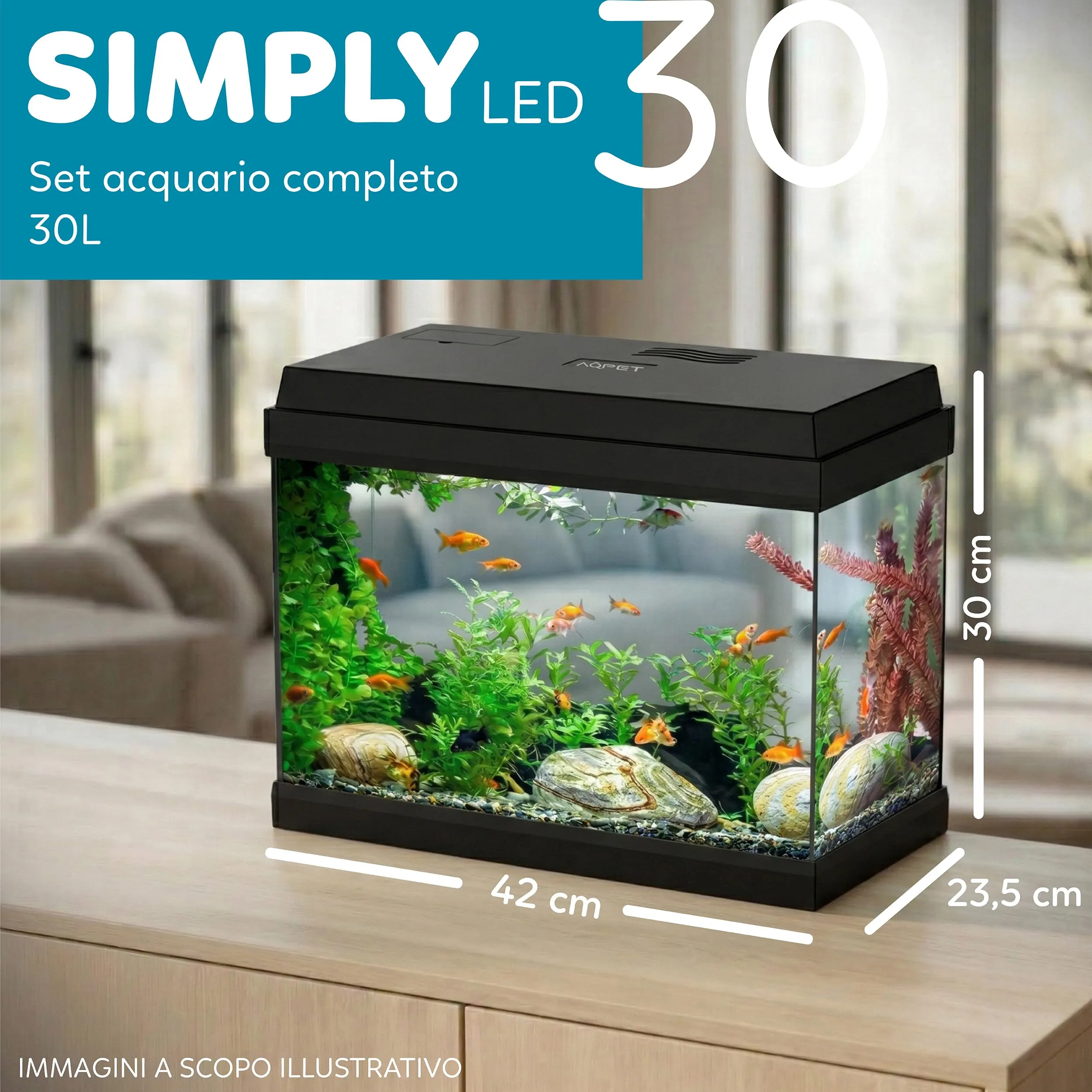 AQPET Acquario in Vetro per Pesci Tropicali Simply, 30 Litri, 39x22x30 cm, con Filtro e Luce - immagine 2