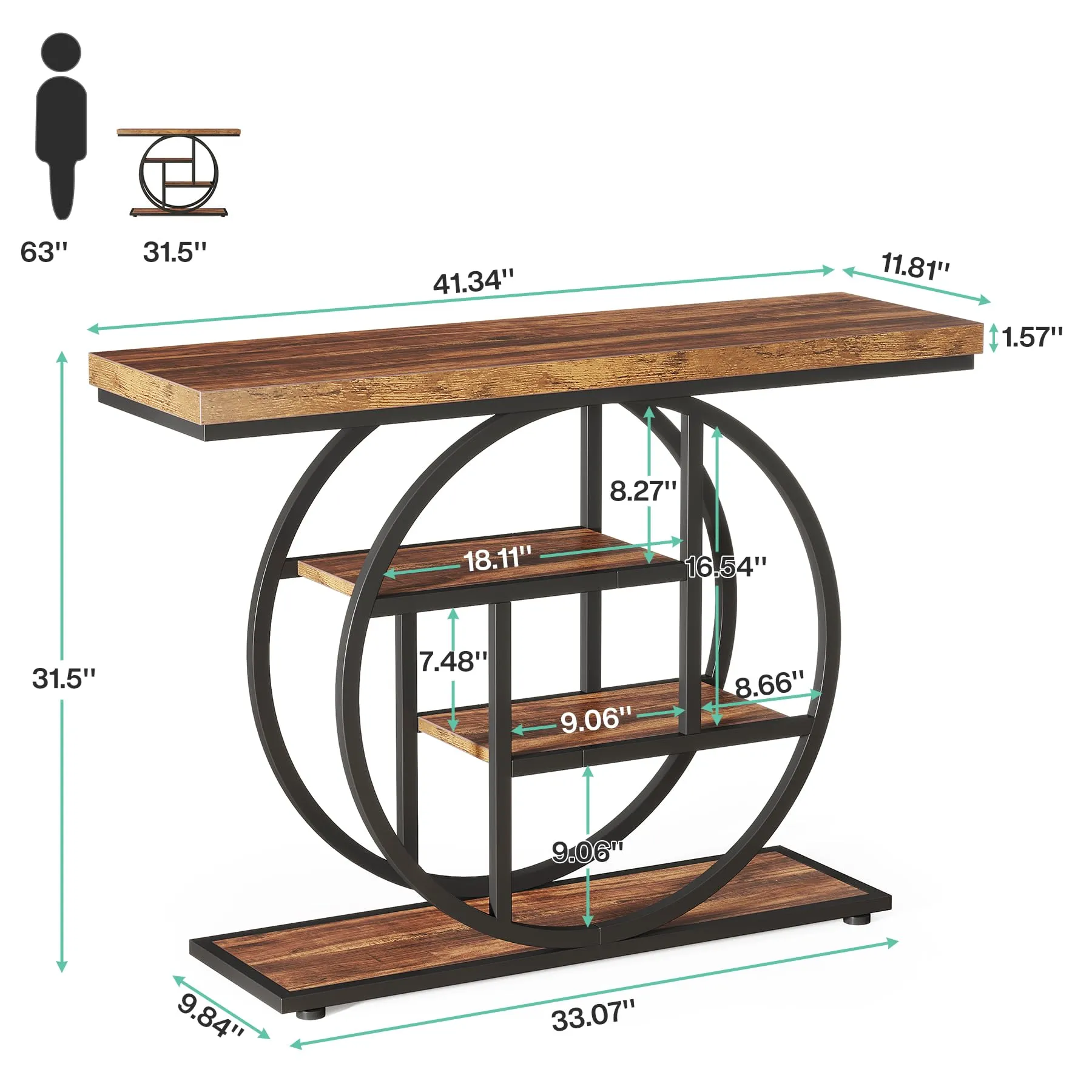 Tribesigns Tavolo Consolle Stile Industriale a 4 Livelli con Base Circolare, Legno e Metallo, 105 x 30 x 80 cm, Marrone Rustico - immagine 2