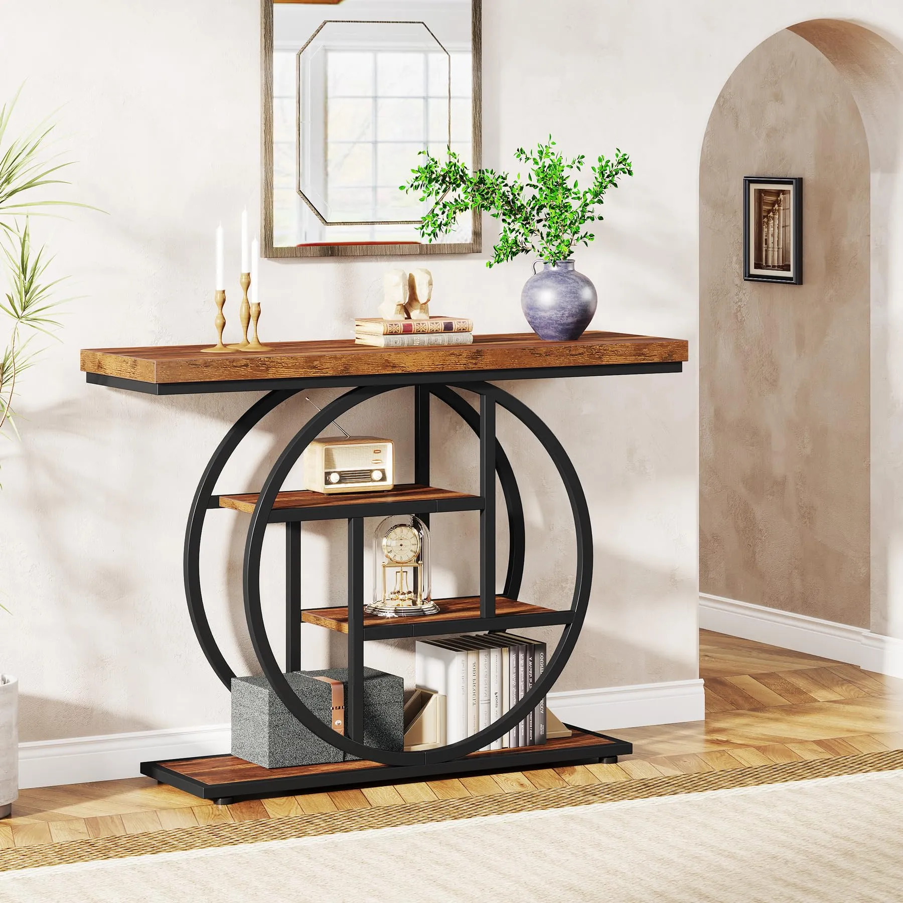 Tribesigns Tavolo Consolle Stile Industriale a 4 Livelli con Base Circolare, Legno e Metallo, 105 x 30 x 80 cm, Marrone Rustico - immagine 4