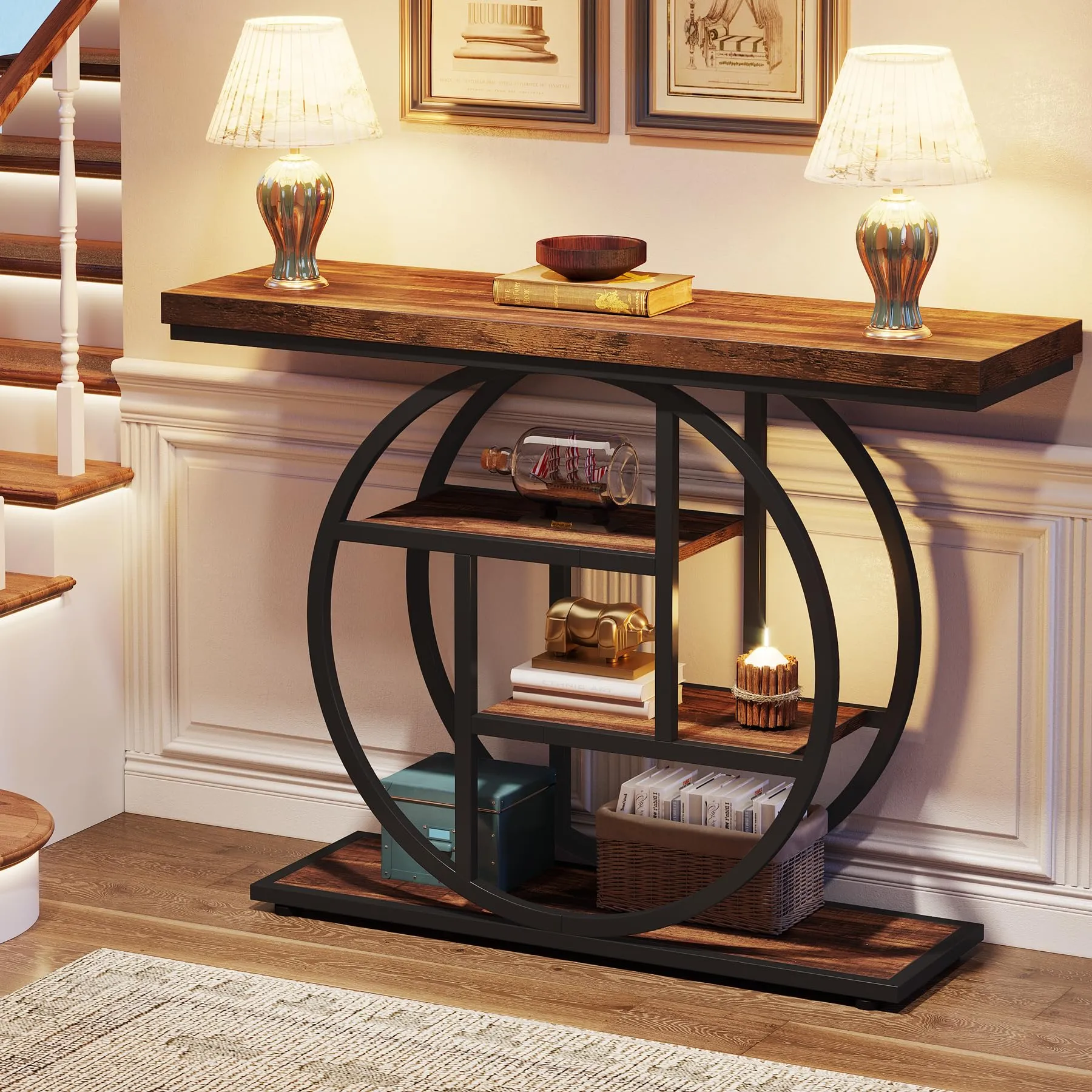 Tribesigns Tavolo Consolle Stile Industriale a 4 Livelli con Base Circolare, Legno e Metallo, 105 x 30 x 80 cm, Marrone Rustico - immagine 5