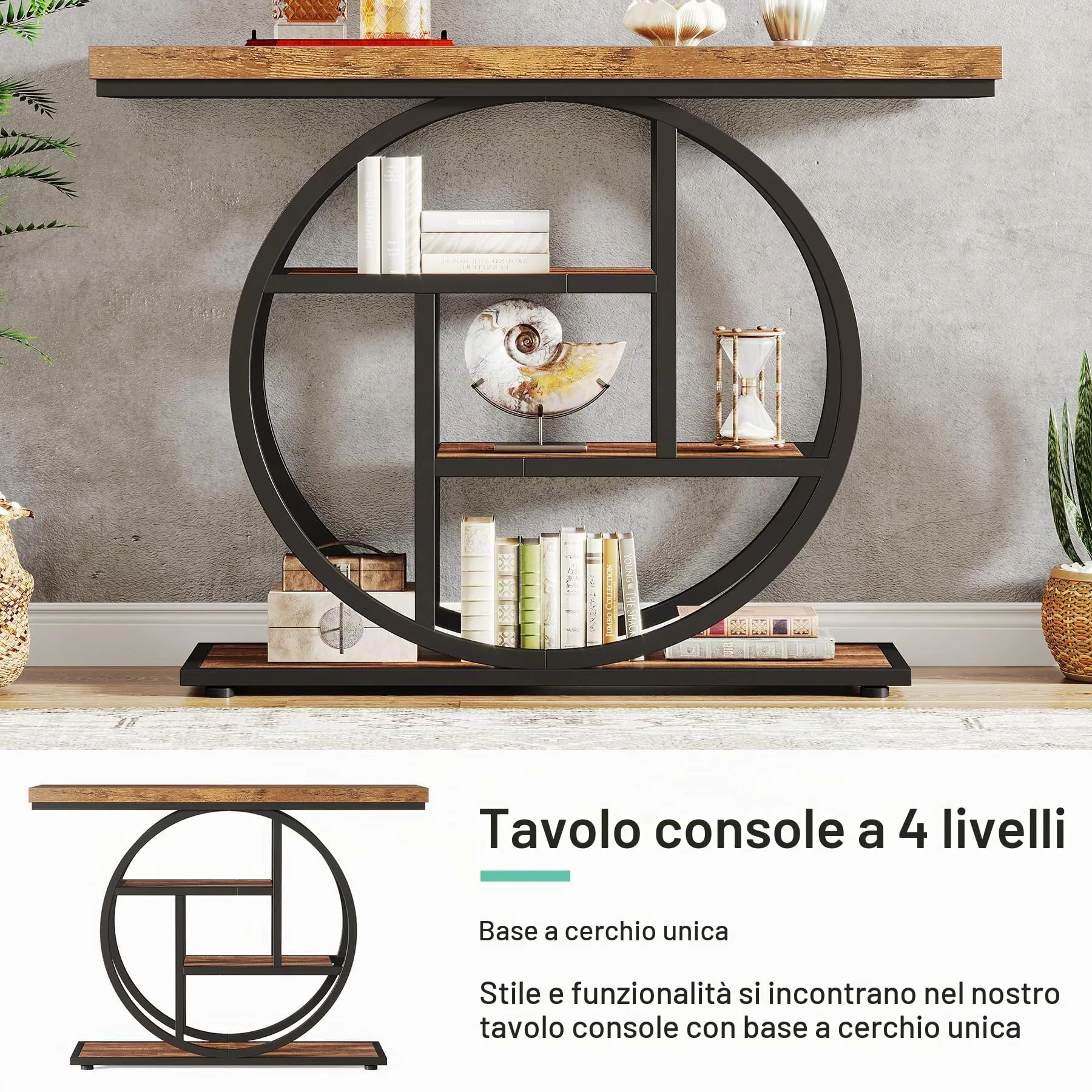 Tribesigns Tavolo Consolle Stile Industriale a 4 Livelli con Base Circolare, Legno e Metallo, 105 x 30 x 80 cm, Marrone Rustico - immagine 6