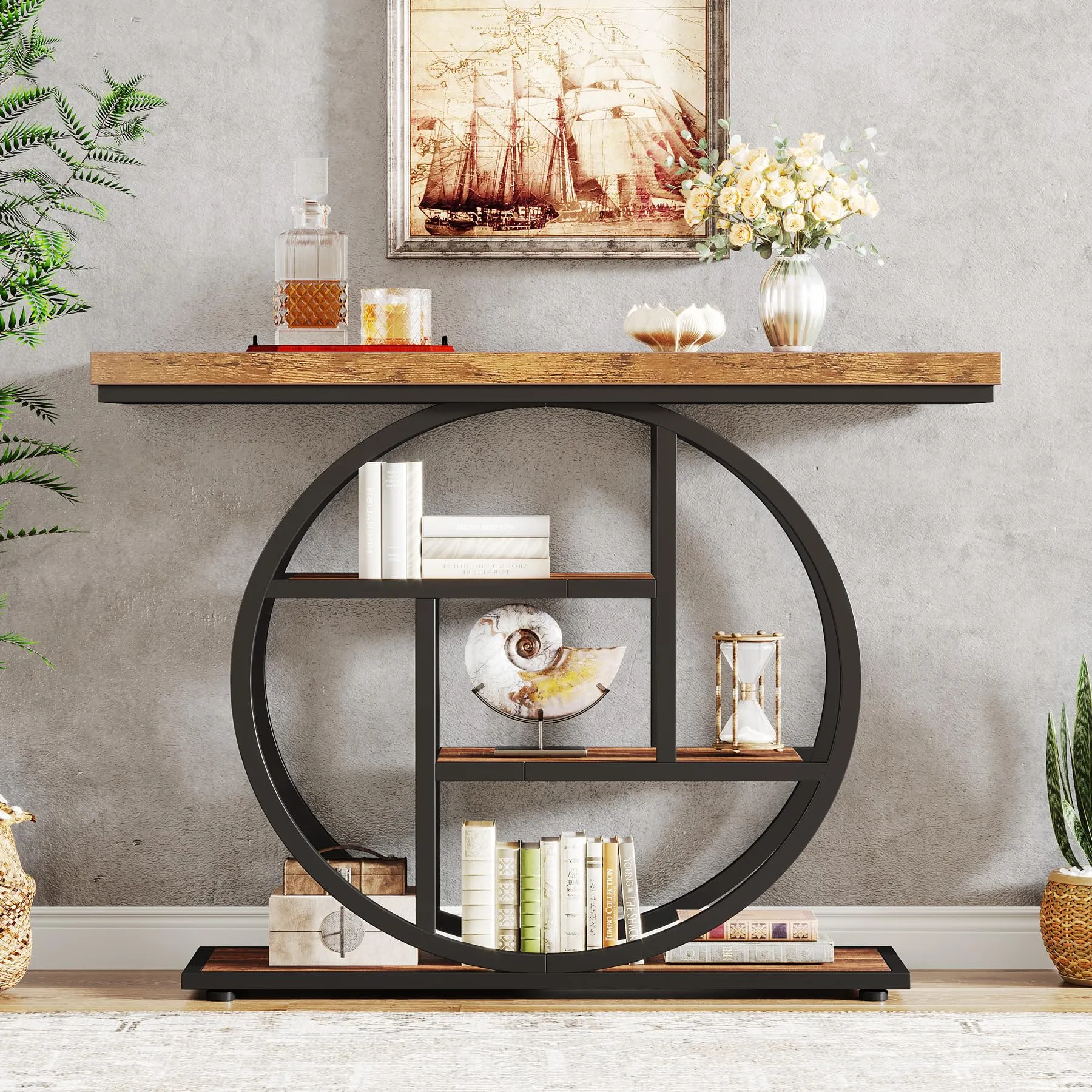 Tribesigns Tavolo Consolle Stile Industriale a 4 Livelli con Base Circolare, Legno e Metallo, 105 x 30 x 80 cm, Marrone Rustico - immagine 8