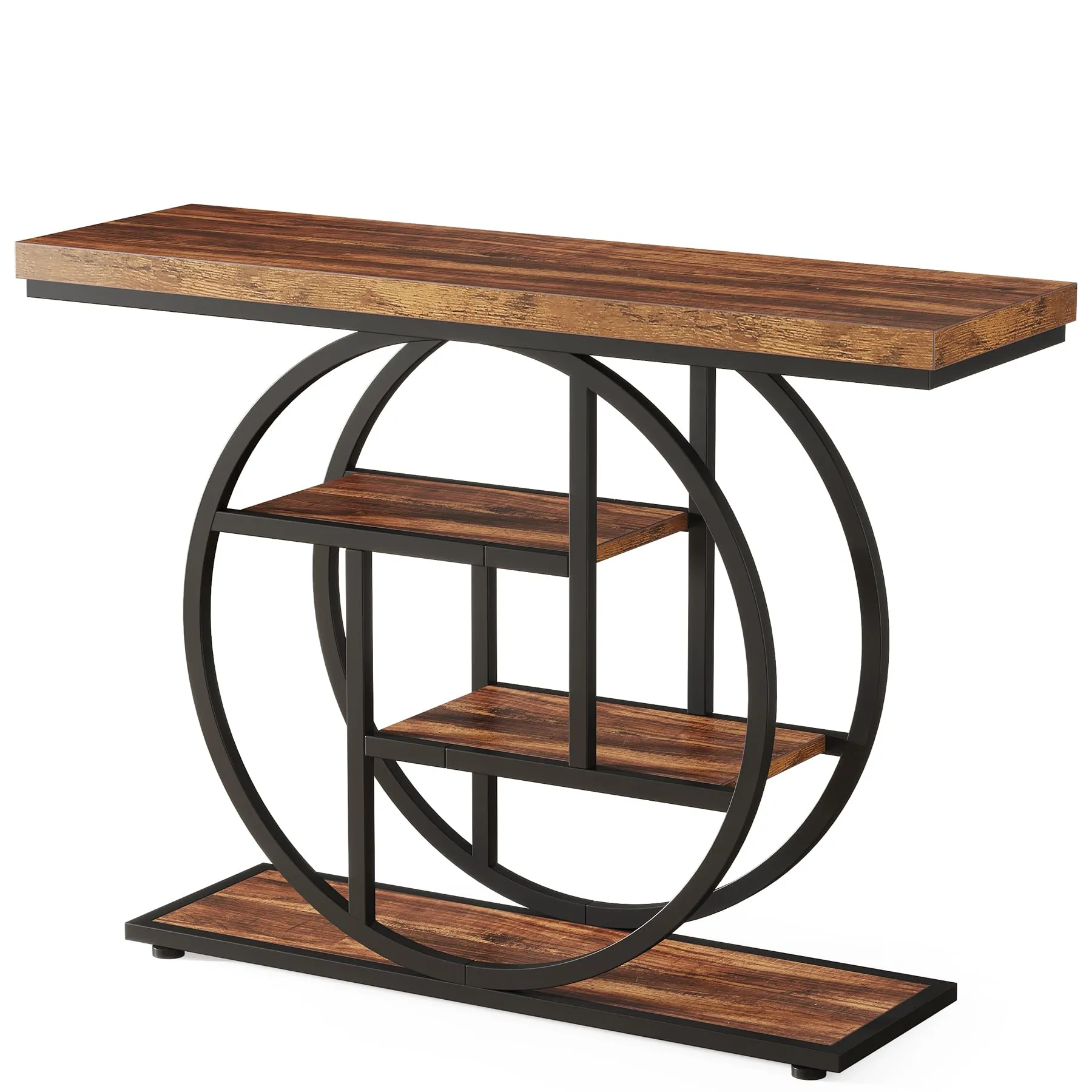 Tribesigns Tavolo Consolle Stile Industriale a 4 Livelli con Base Circolare, Legno e Metallo, 105 x 30 x 80 cm, Marrone Rustico - immagine 9