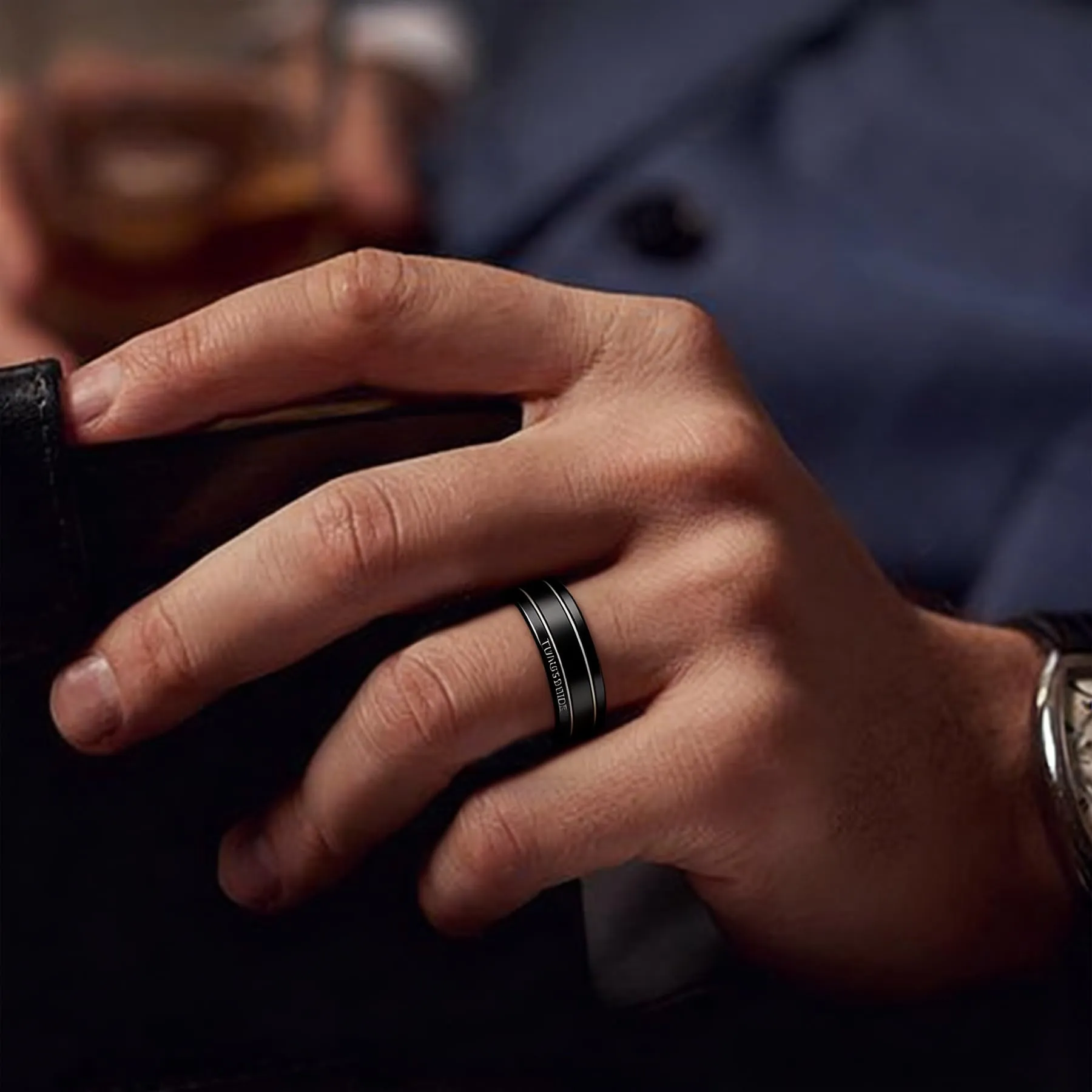 MAGIIE Anello Uomo Style Due Linee in Acciaio Inossidabile Nero, Taglia 24 - immagine 4