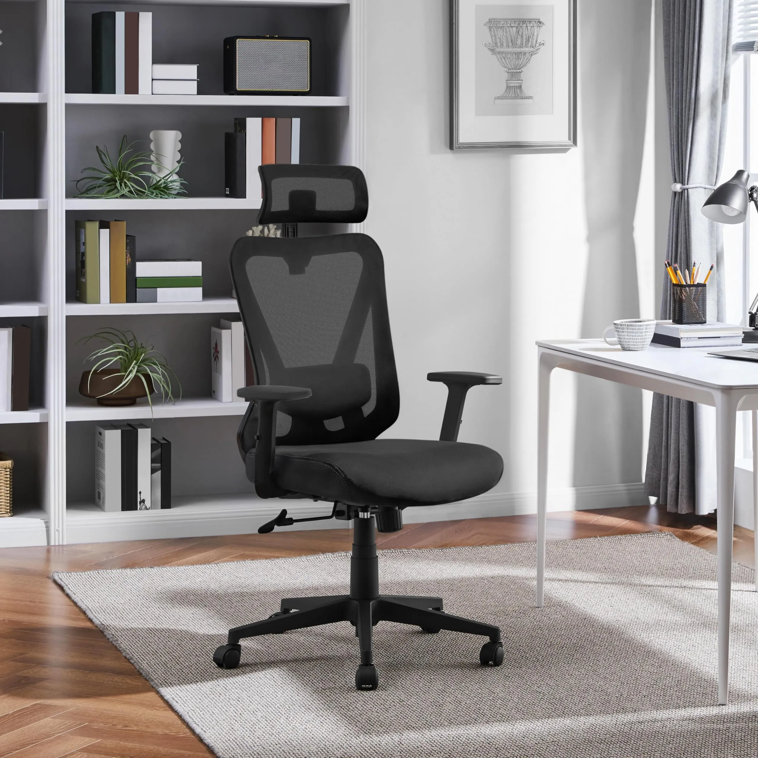Yaheetech Sedia da Ufficio Ergonomica Lombare, Reclinabile e Bloccabile, Nero - immagine 2