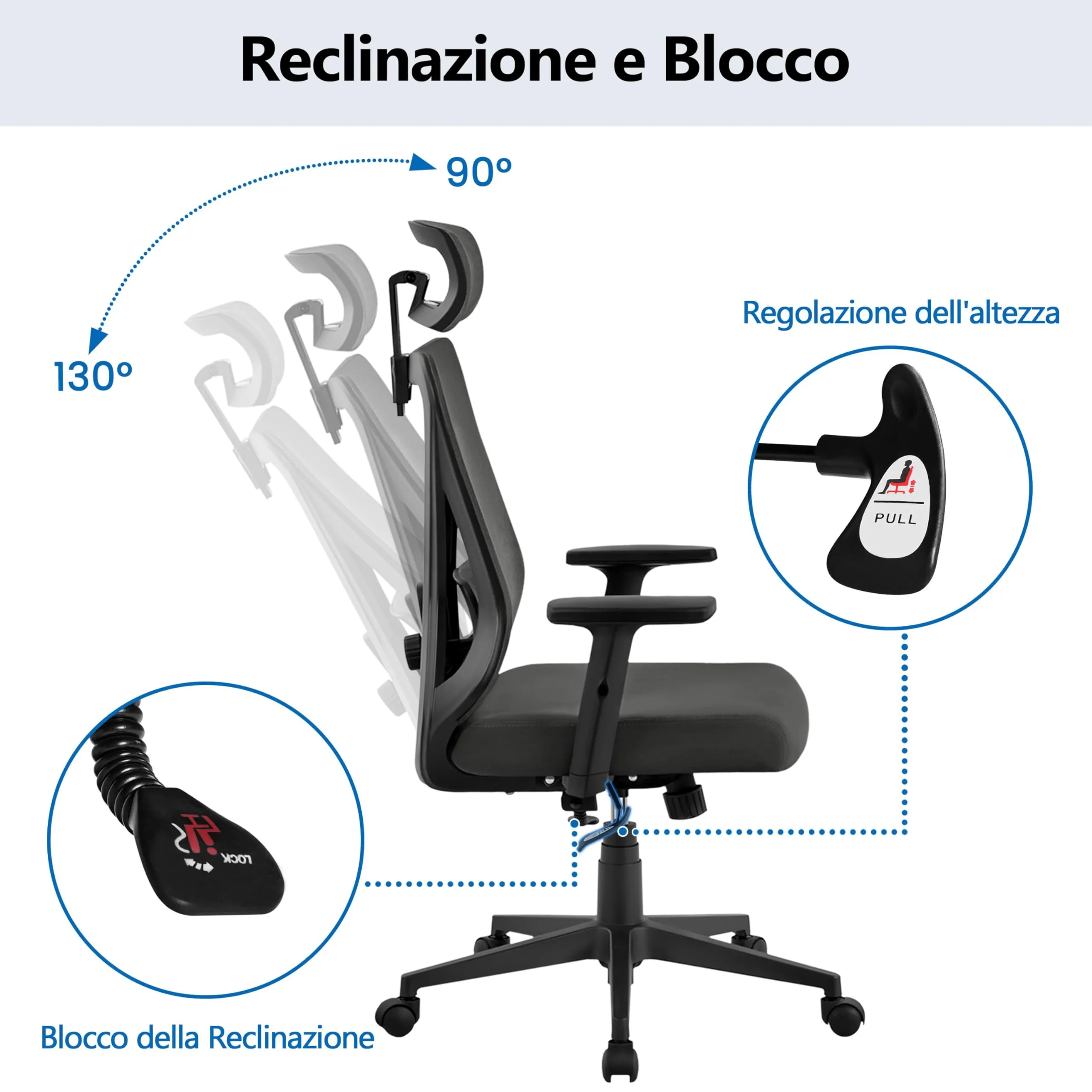Yaheetech Sedia da Ufficio Ergonomica Lombare, Reclinabile e Bloccabile, Nero - immagine 4
