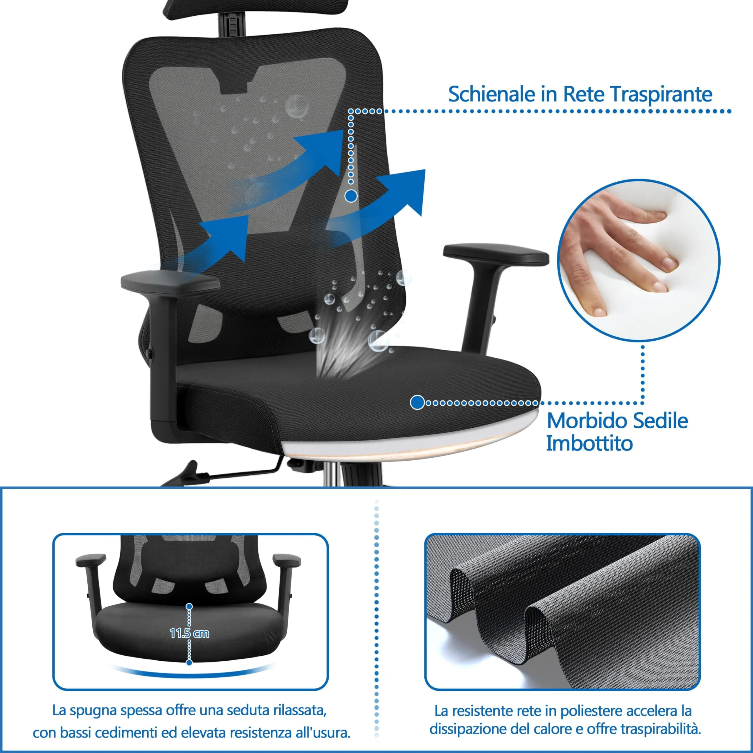 Yaheetech Sedia da Ufficio Ergonomica Lombare, Reclinabile e Bloccabile, Nero - immagine 5