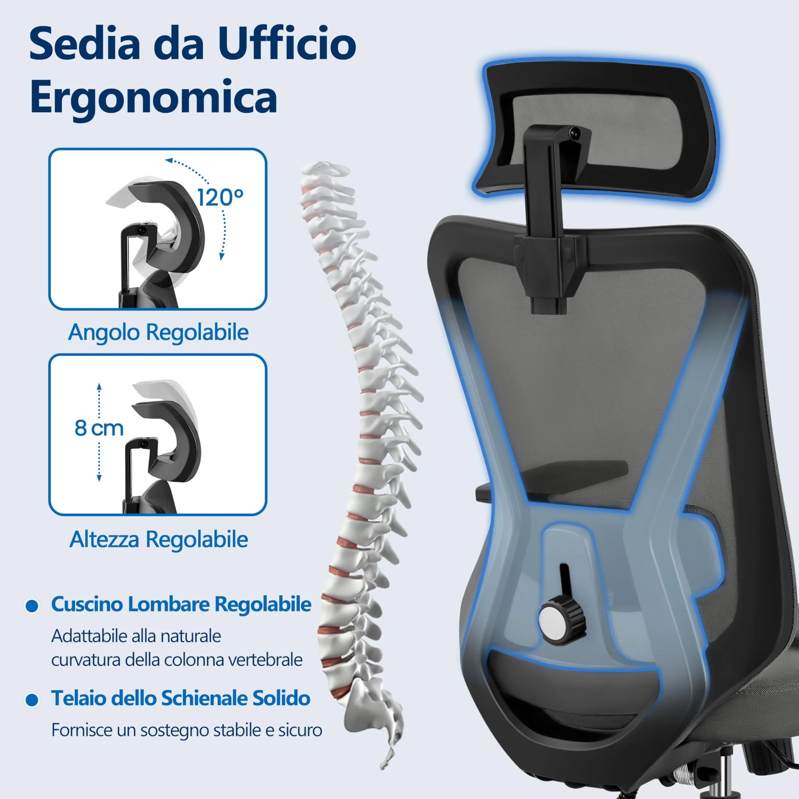 Yaheetech Sedia da Ufficio Ergonomica Lombare, Reclinabile e Bloccabile, Nero - immagine 7