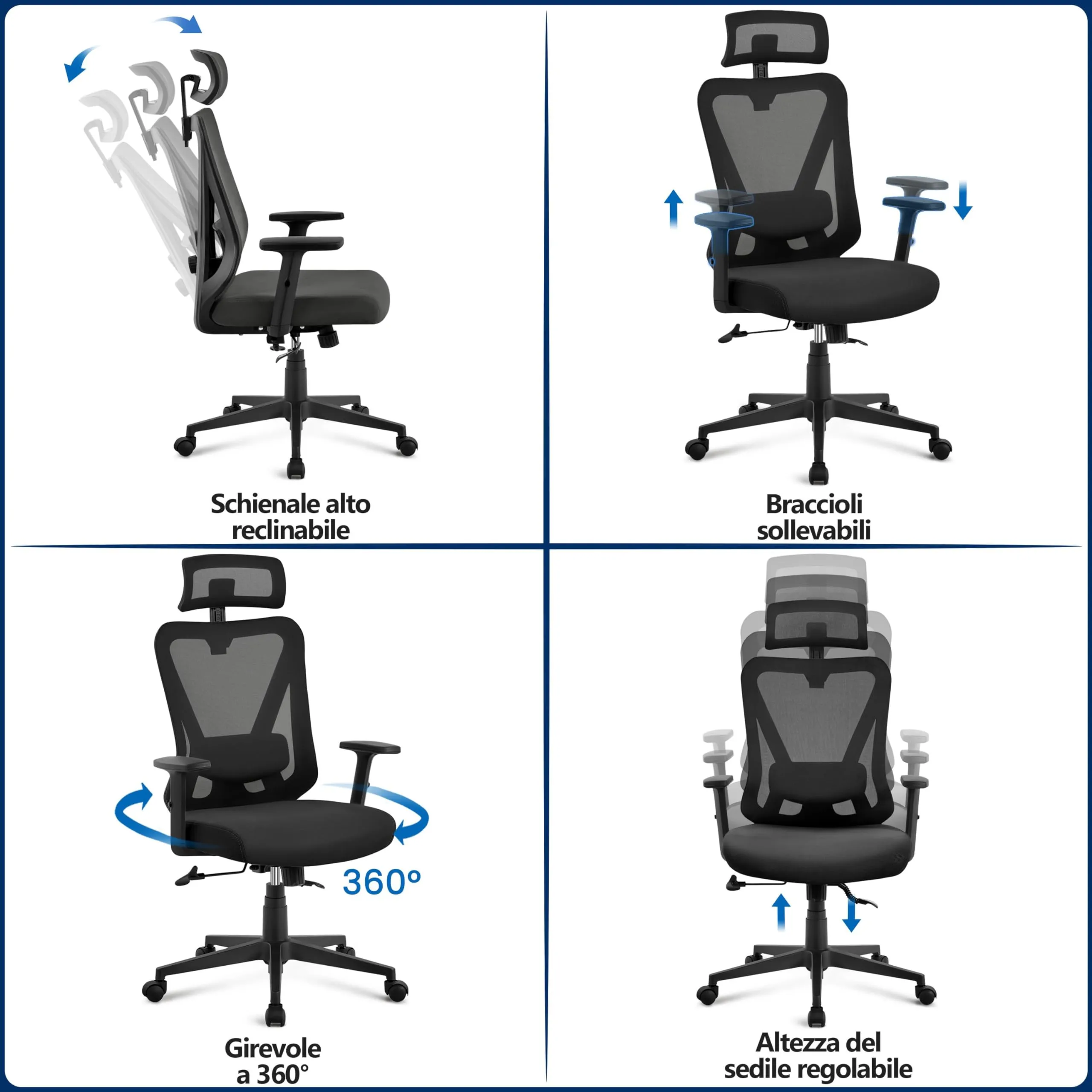 Yaheetech Sedia da Ufficio Ergonomica Lombare, Reclinabile e Bloccabile, Nero - immagine 8