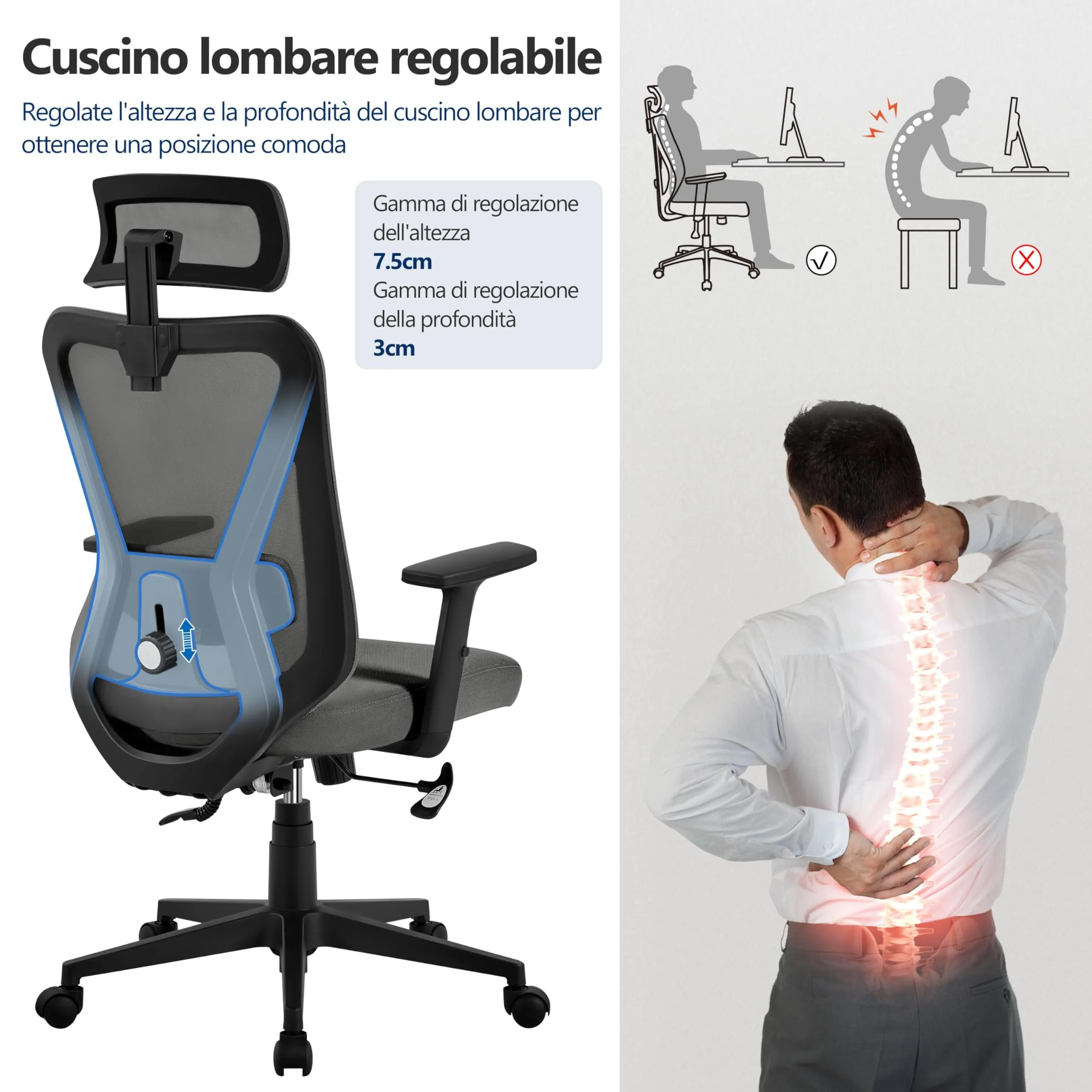 Yaheetech Sedia da Ufficio Ergonomica Lombare, Reclinabile e Bloccabile, Nero - immagine 9