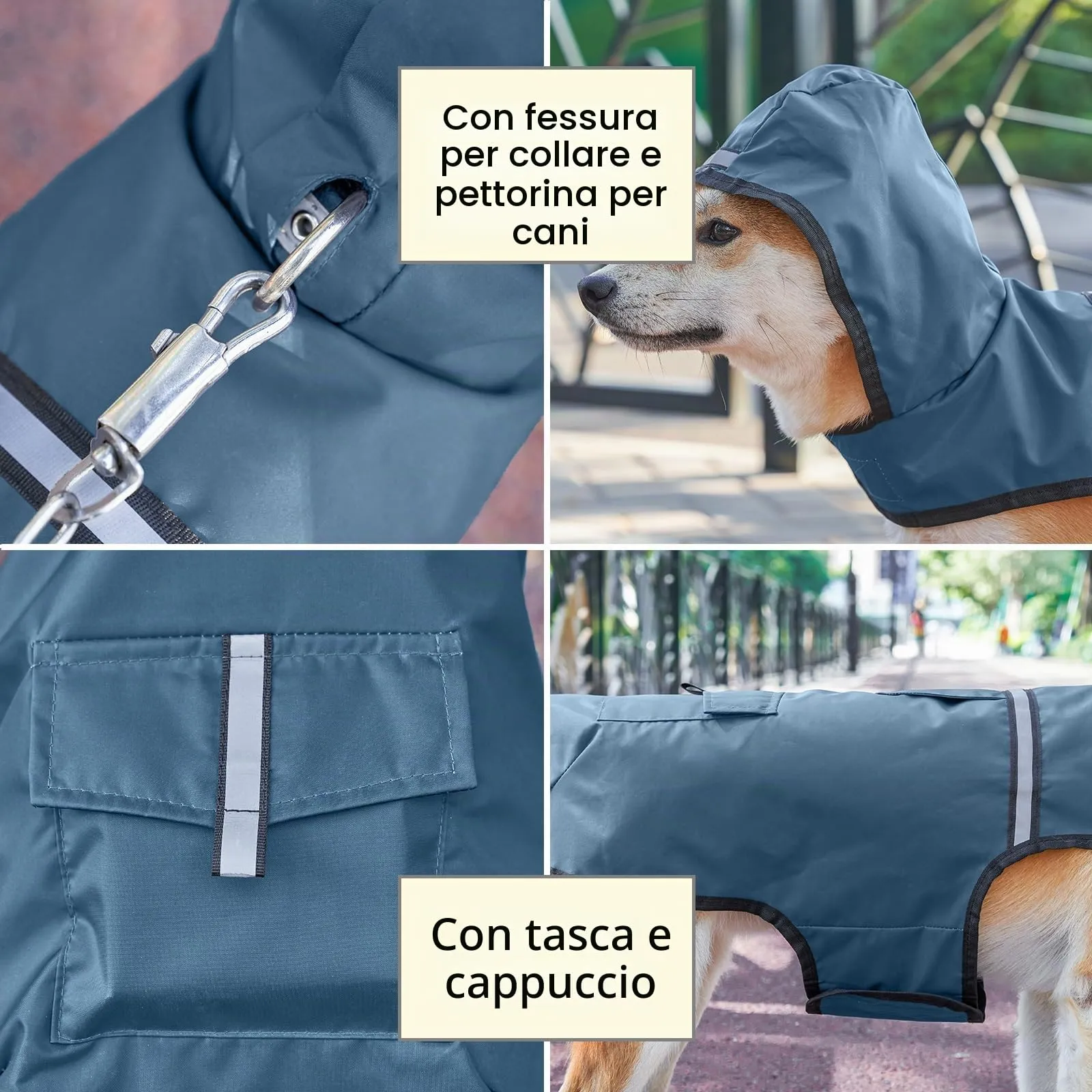 KoKoBin Giacca Impermeabile e Riflettente per Cani con Cappuccio, Blu Grigiastro, XXL - immagine 3