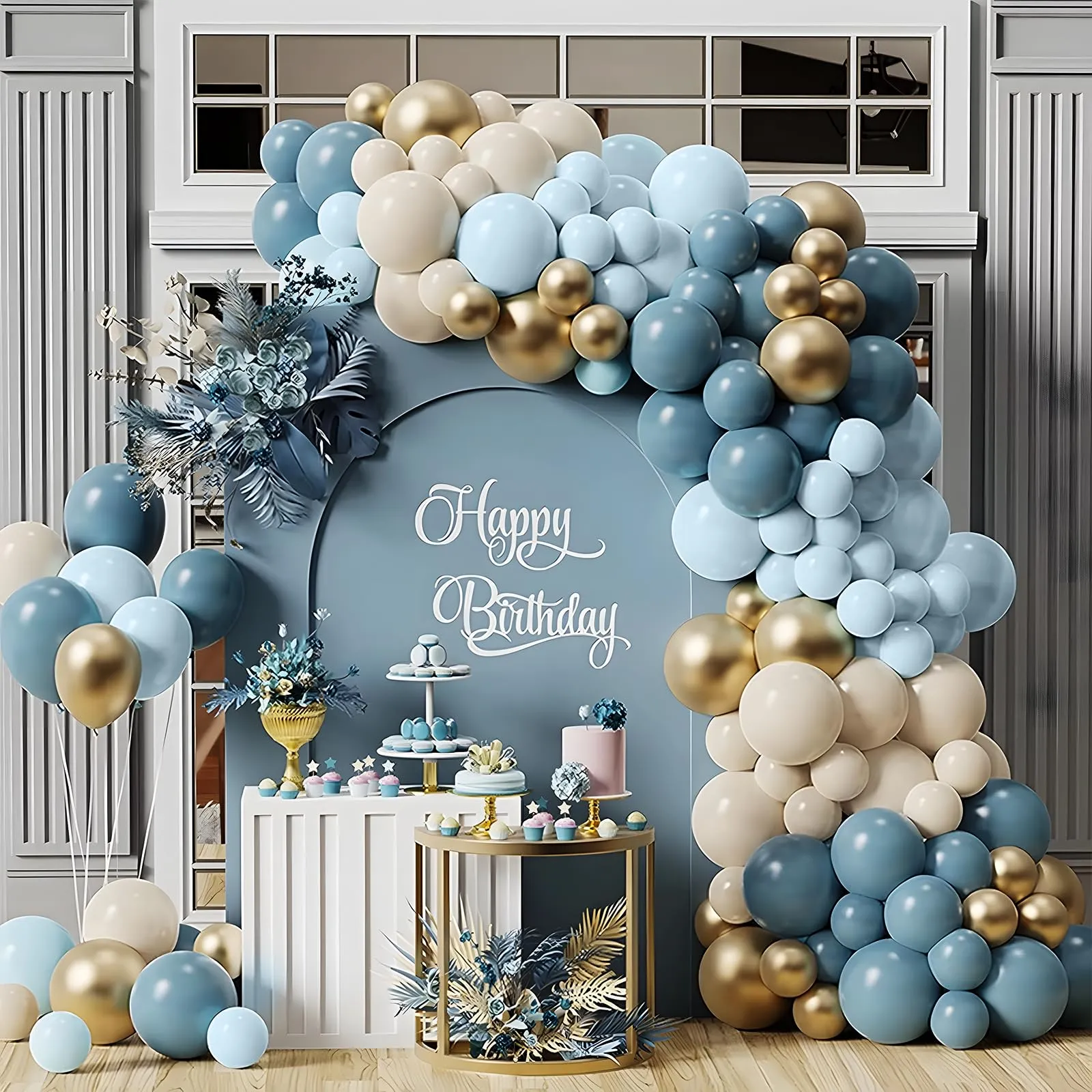 Frigg Kit Arco di Palloncini Blu, Oro e Bianco Sabbia per Baby Shower, Compleanno e Battesimo - immagine 5