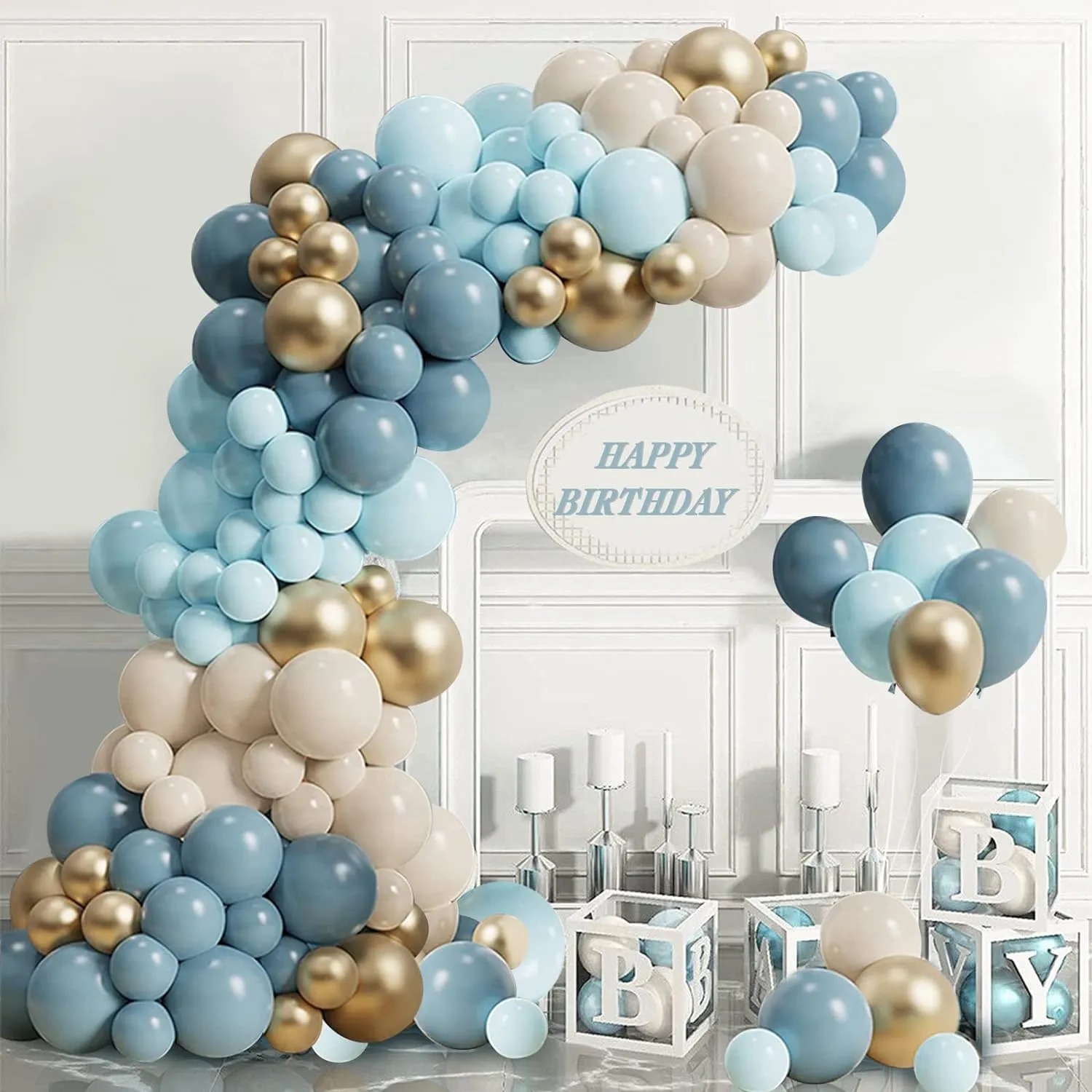Frigg Kit Arco di Palloncini Blu, Oro e Bianco Sabbia per Baby Shower, Compleanno e Battesimo - immagine 8