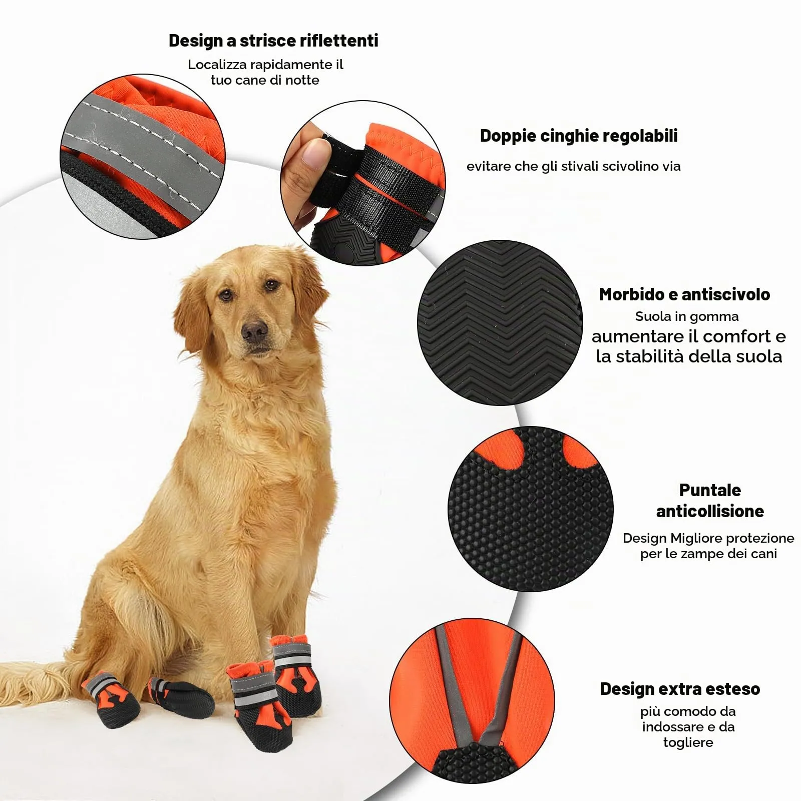 QKURT Stivali per Cani Impermeabili Antiscivolo con Cinghie Riflettenti, Taglia M, Arancione - immagine 3