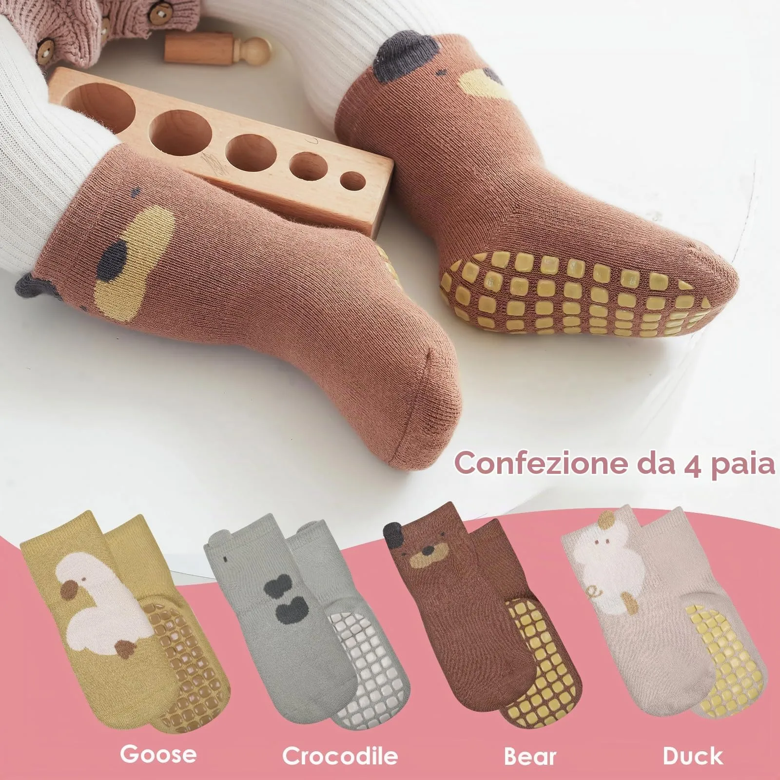 Simpeak Calzini Antiscivolo in Cotone per Bambino, 4 Paia, Invernali, 0-1 Anni, S - immagine 6