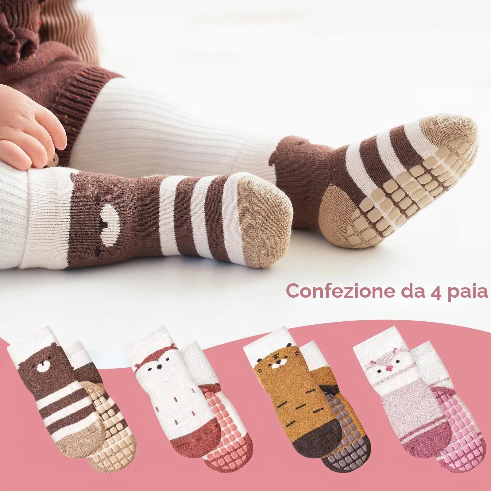 Simpeak Calzini Antiscivolo in Cotone per Bambino, Invernali, 4 Paia, S - immagine 5