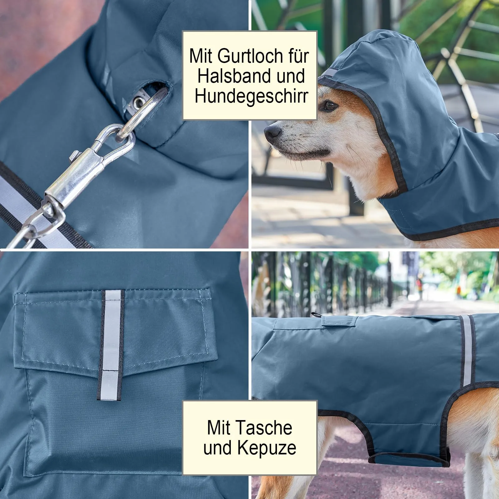 KoKoBin Giacca Impermeabile Riflettente per Cani con Cappuccio, Blu Grigiastro, M - immagine 3