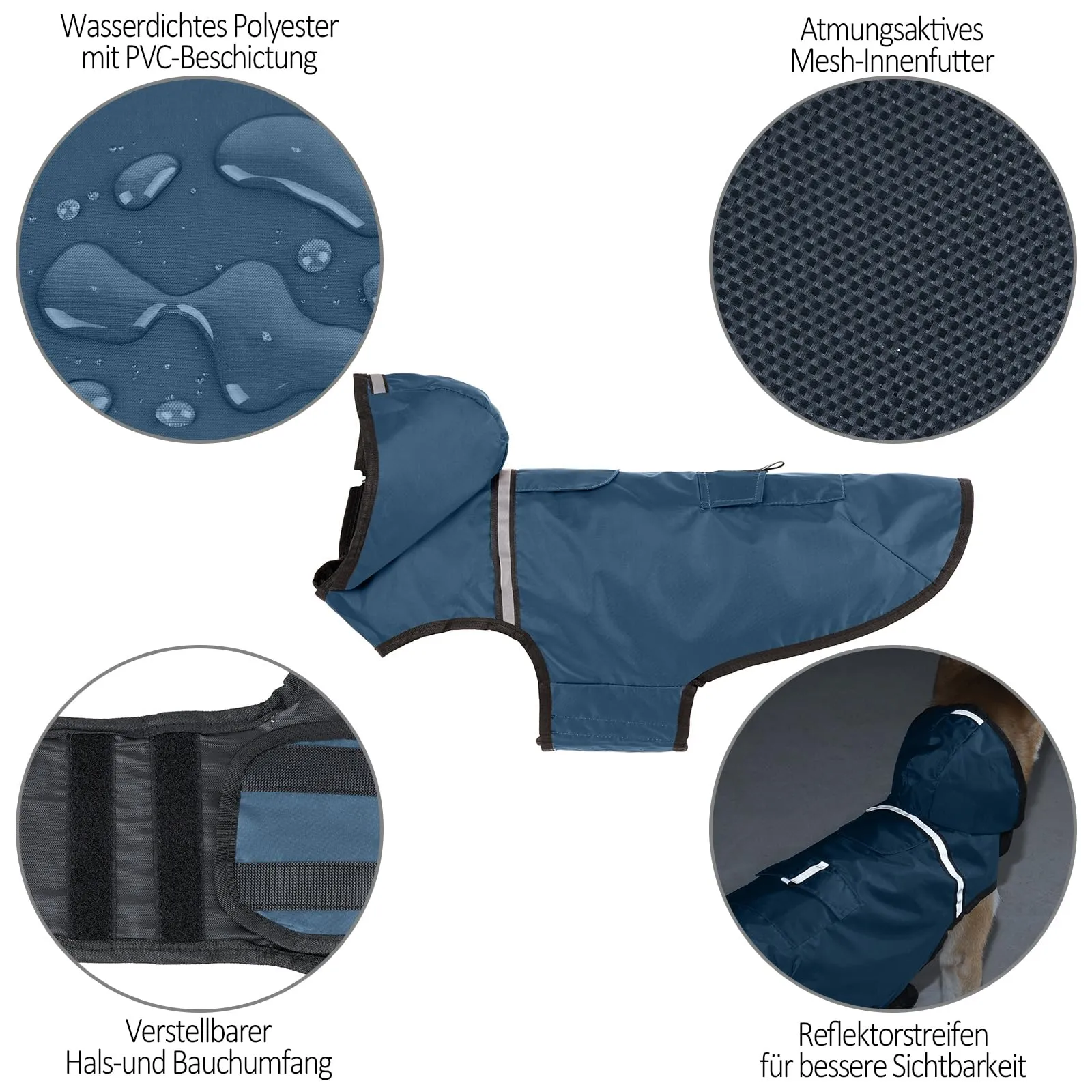 KoKoBin Giacca Impermeabile Riflettente per Cani con Cappuccio, Blu Grigiastro, M - immagine 4