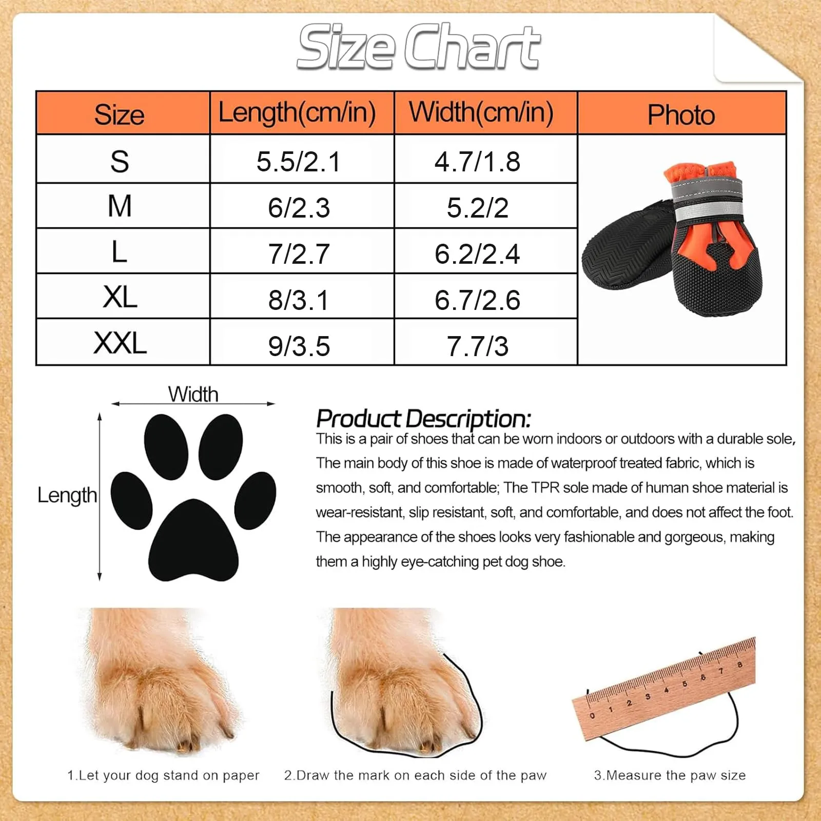 QKURT Stivali per Cani Impermeabili Antiscivolo con Cinghie Riflettenti, Taglia L, Arancione - immagine 2