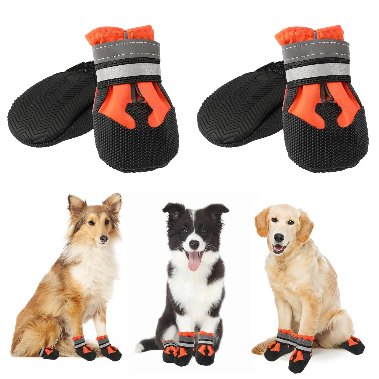 QKURT Stivali per Cani Impermeabili con Cinghie Riflettenti e Suola Antiscivolo, Taglia S, Arancione - immagine 1
