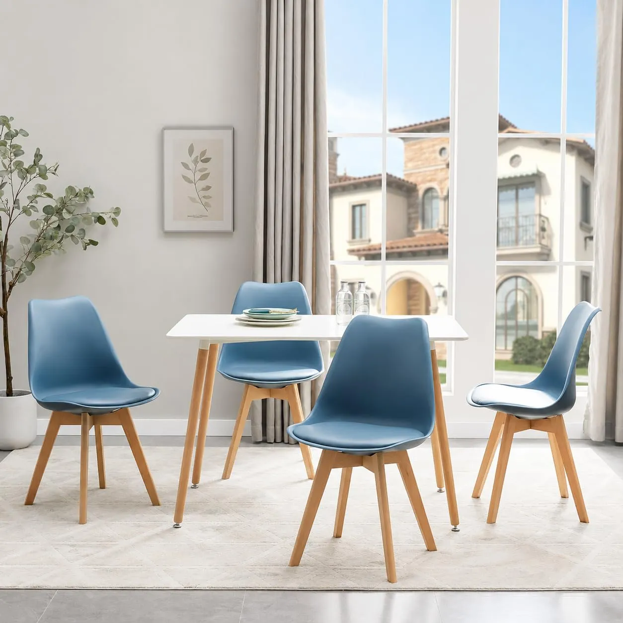 EGGREE Set di 8 Sedie da Pranzo e Cucina in Pelle PU e Legno di Faggio, Morandi Blu Scuro - immagine 5