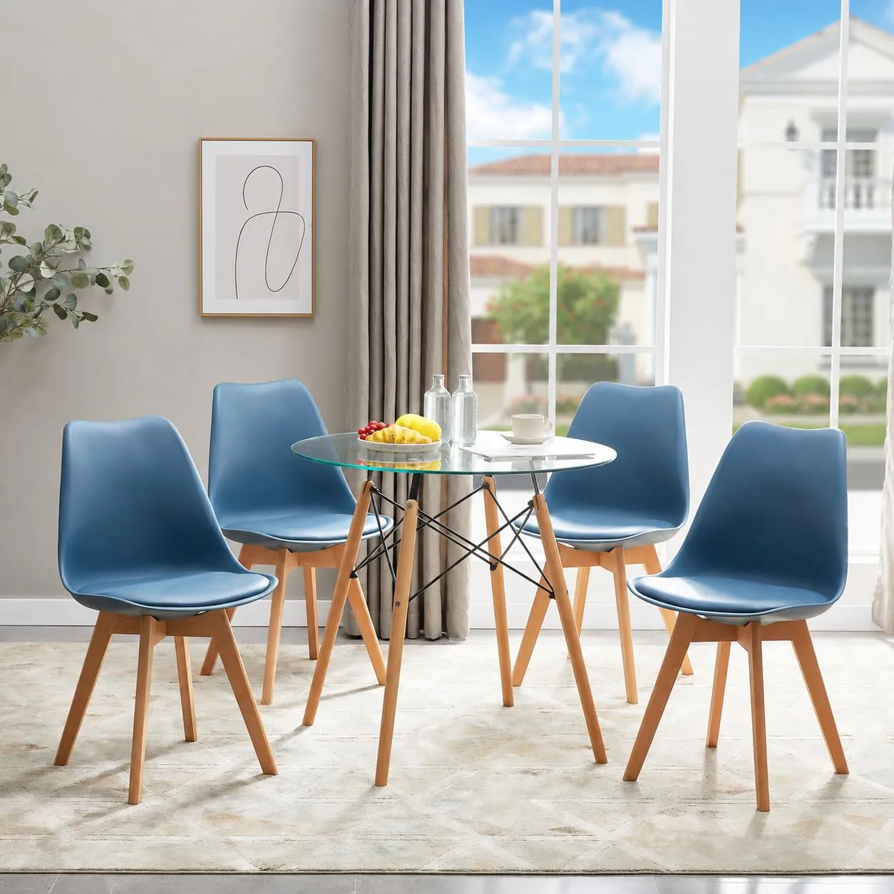 EGGREE Set di 8 Sedie da Pranzo e Cucina in Pelle PU e Legno di Faggio, Morandi Blu Scuro - immagine 6
