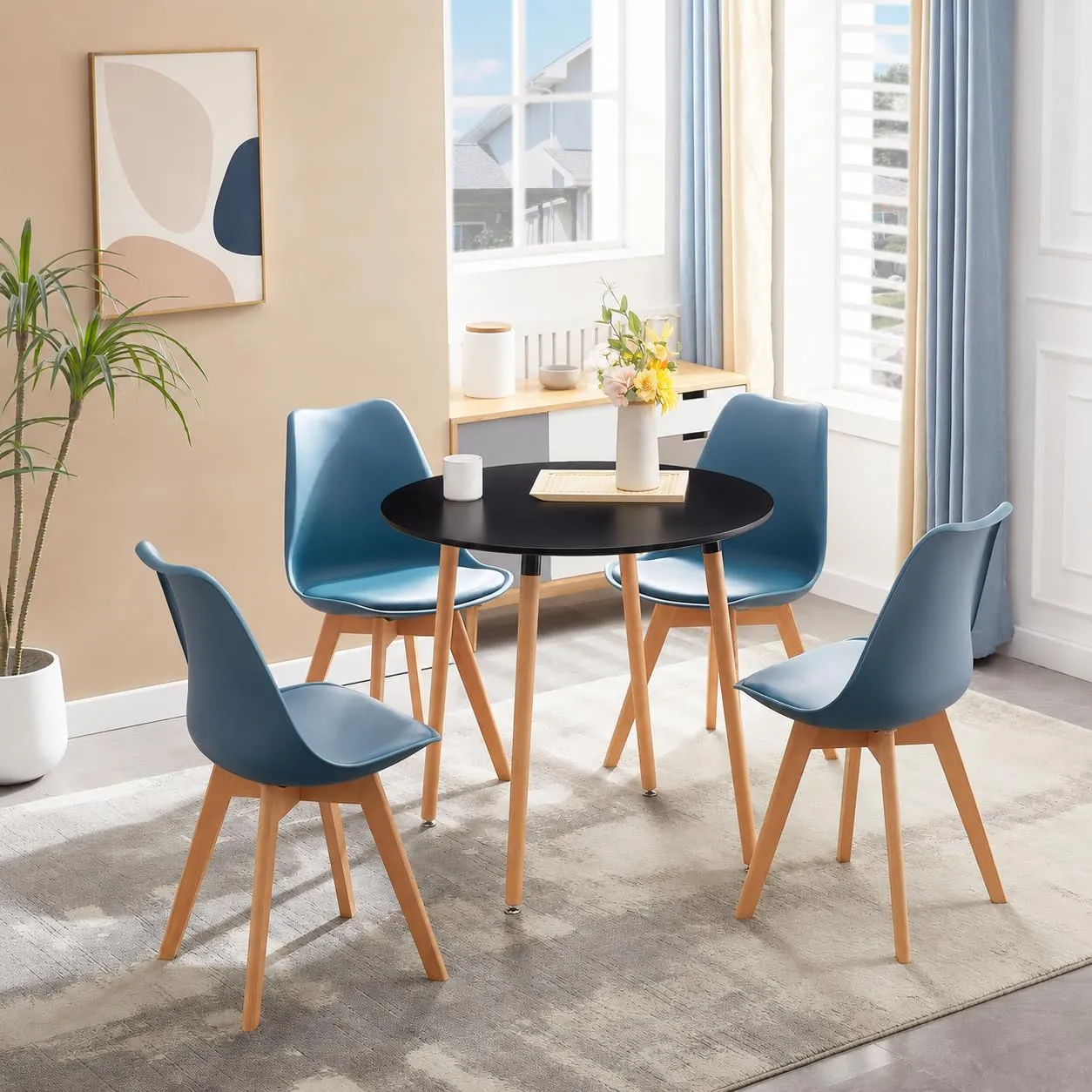 EGGREE Set di 8 Sedie da Pranzo e Cucina in Pelle PU e Legno di Faggio, Morandi Blu Scuro - immagine 7
