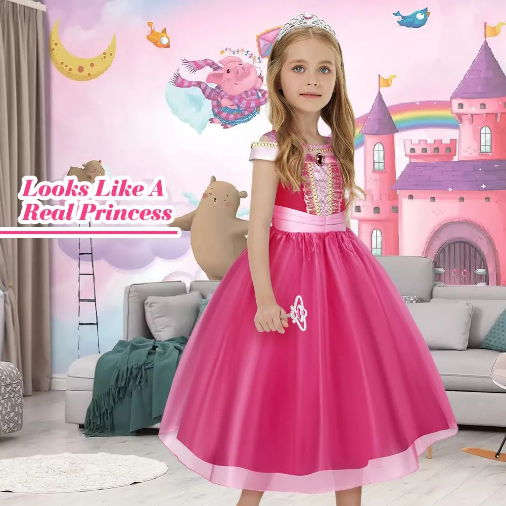 URAQT Costume Principessa Bella Addormentata con Accessori per Bambina, Rosa, 110cm - immagine 8