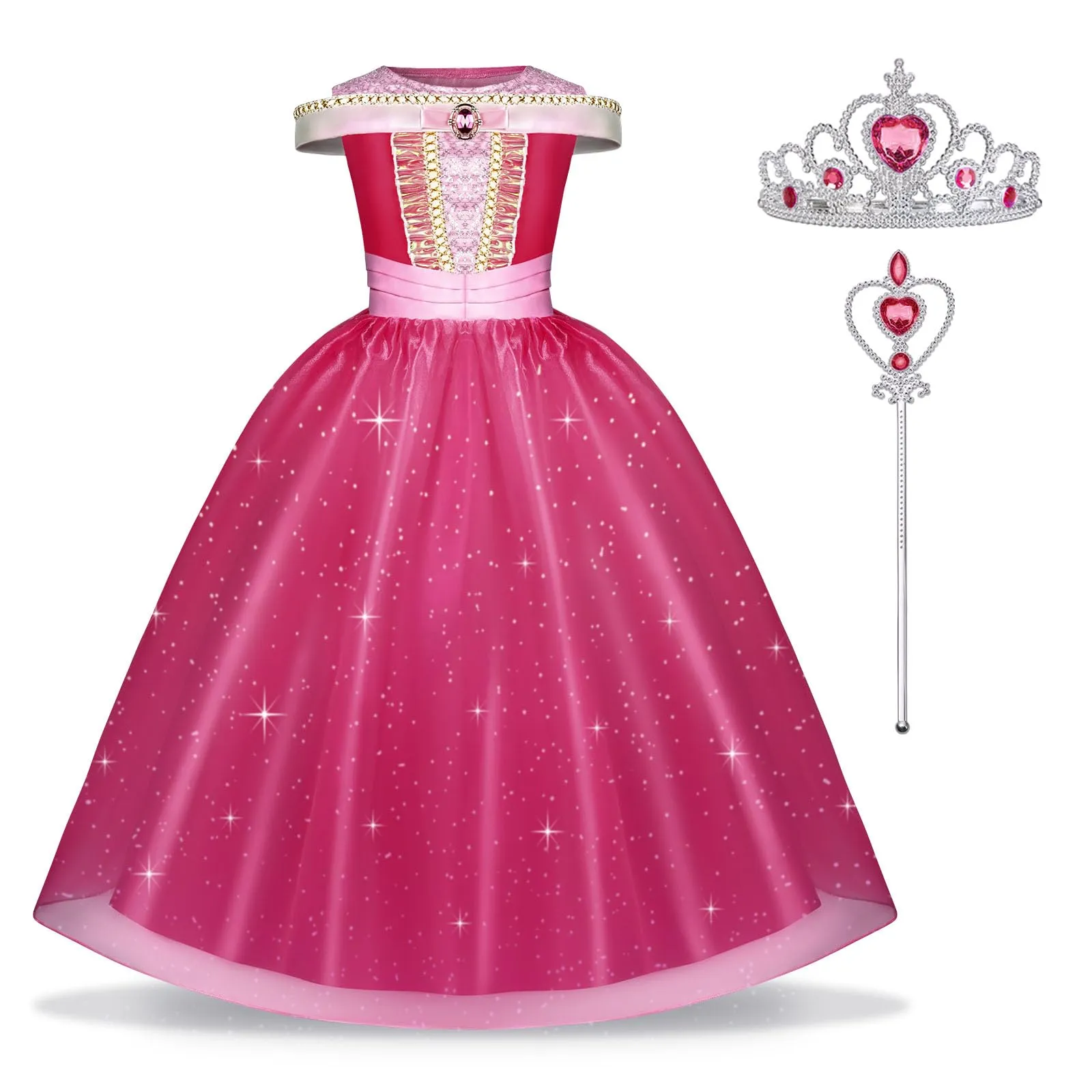 URAQT Costume Principessa Bella Addormentata per Bambina con Accessori, Rosa, 120cm - immagine 1