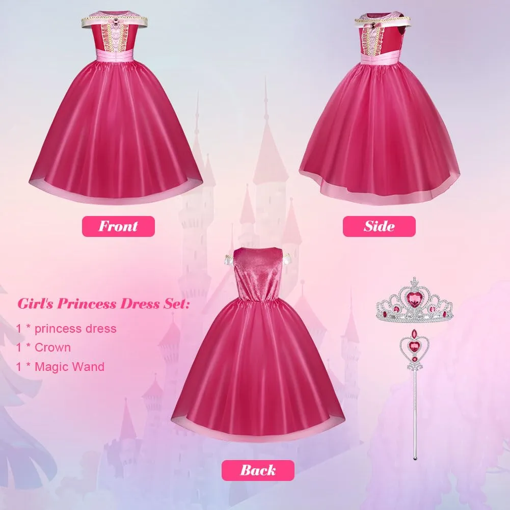 URAQT Costume Principessa Bella Addormentata con Accessori per Bambina, Rosa, 140cm - immagine 3