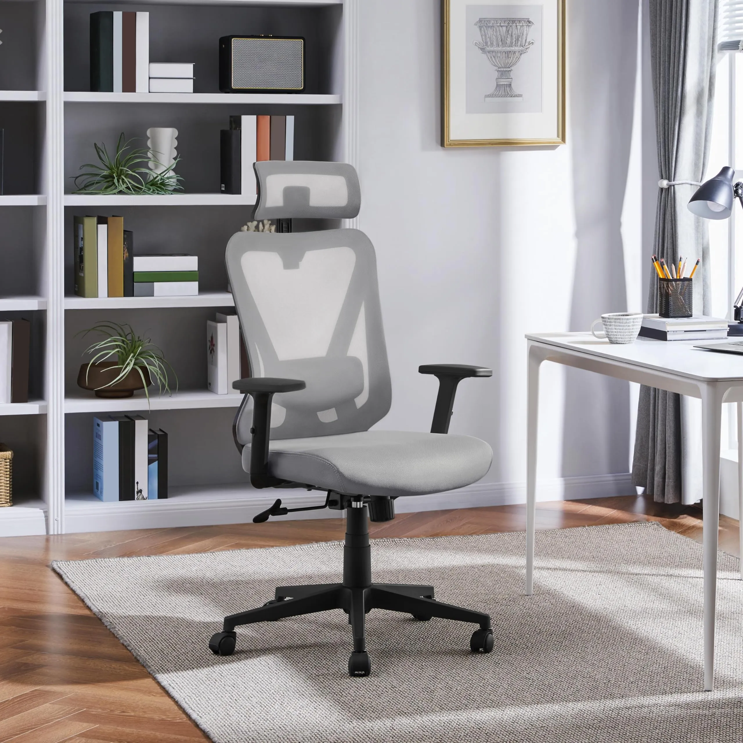 Yaheetech Poltrona da Ufficio Ergonomica con Supporto Lombare, Grigia Chiara - immagine 2