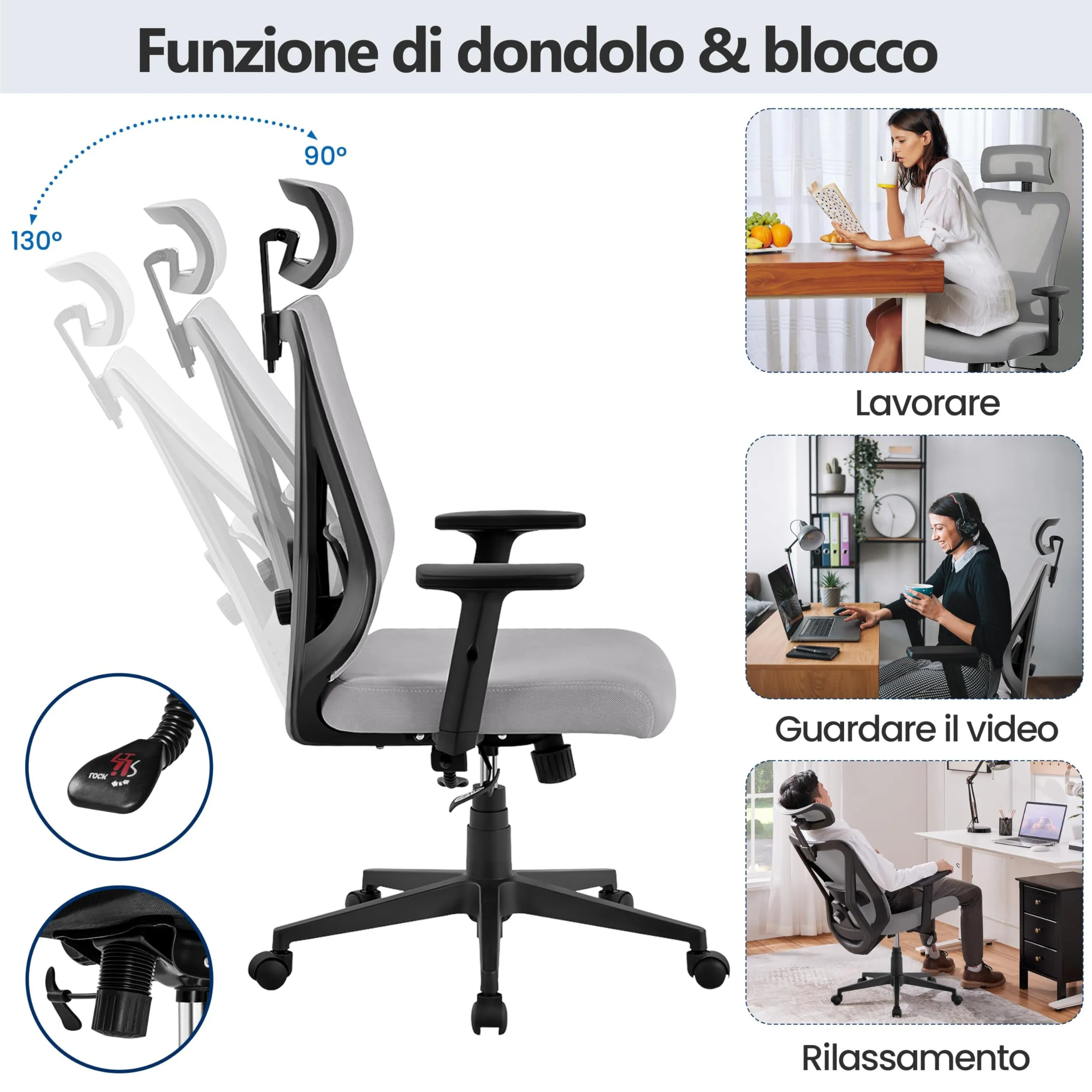 Yaheetech Poltrona da Ufficio Ergonomica con Supporto Lombare, Grigia Chiara - immagine 4