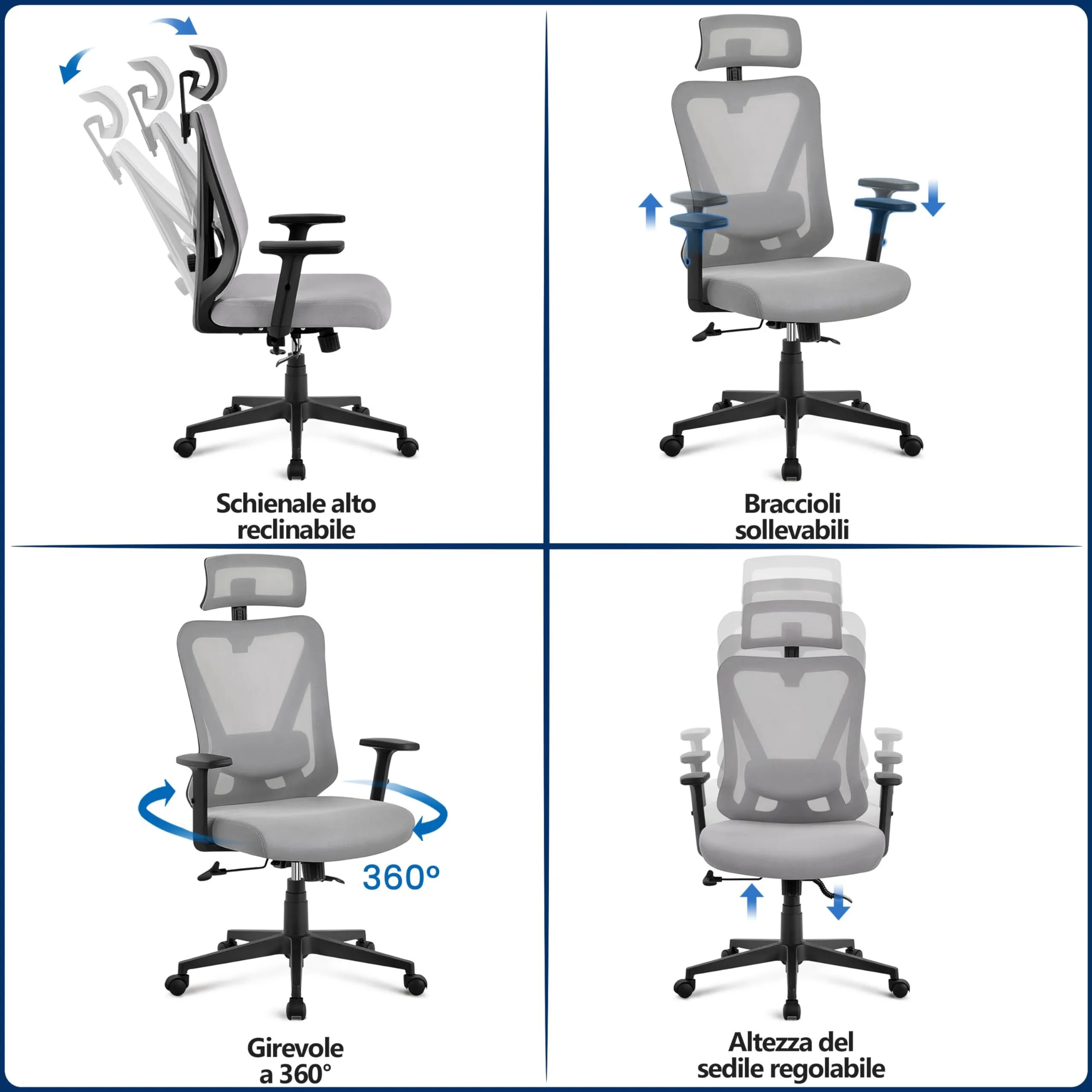 Yaheetech Poltrona da Ufficio Ergonomica con Supporto Lombare, Grigia Chiara - immagine 5