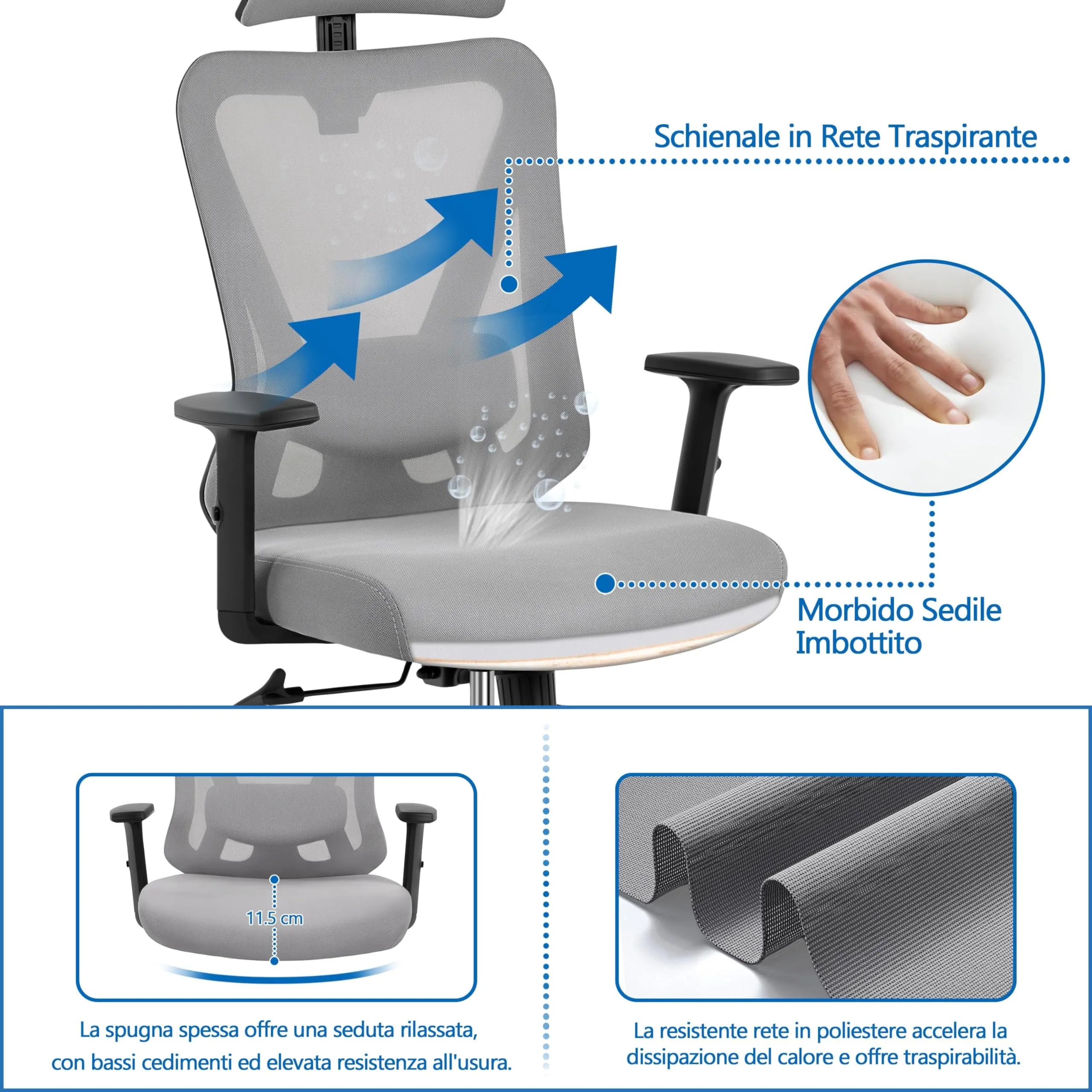 Yaheetech Poltrona da Ufficio Ergonomica con Supporto Lombare, Grigia Chiara - immagine 6